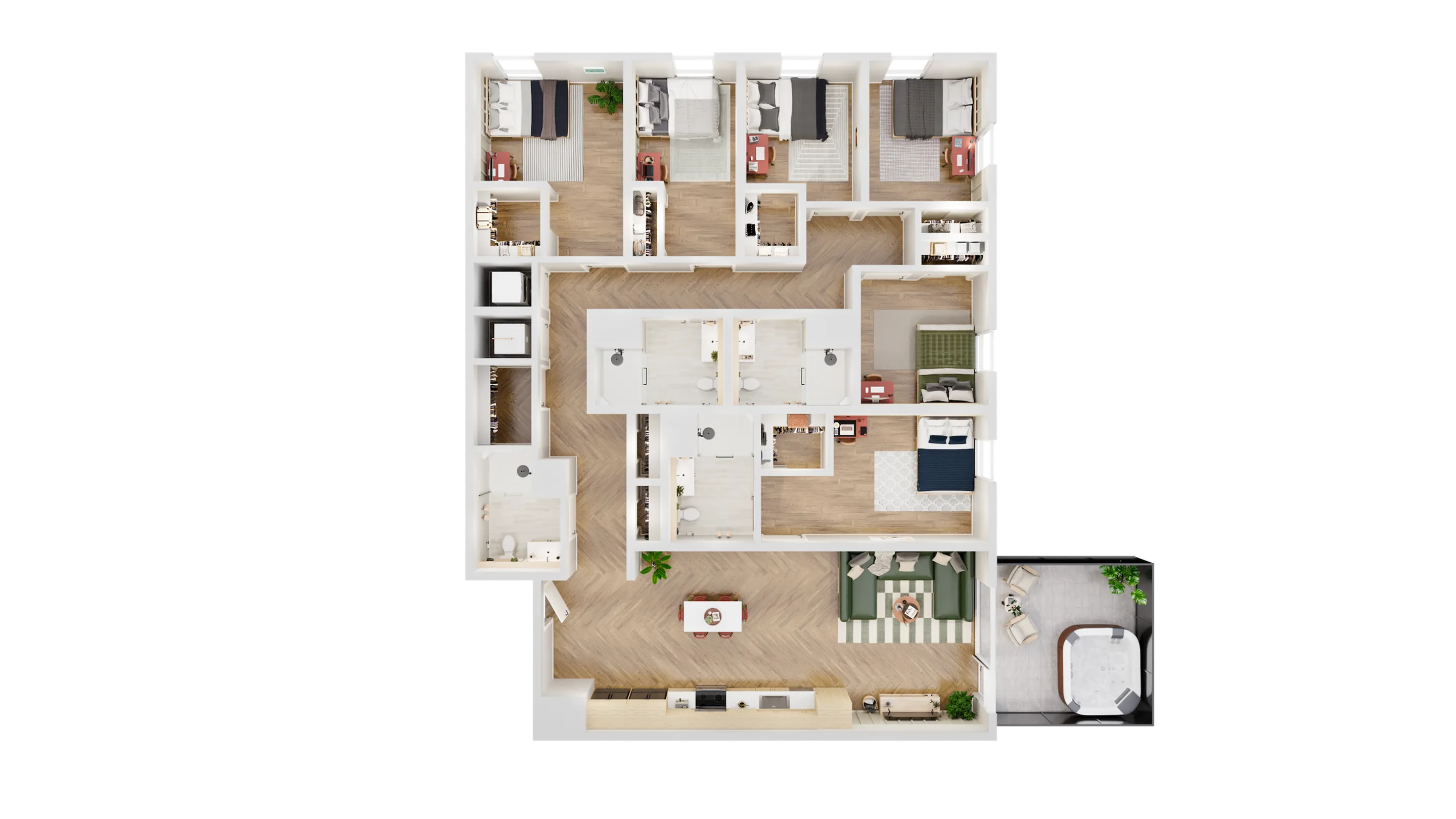Elegant 3D apartment layout featuring four bedrooms, open dining and living space, modern kitchen, and private balcony with luxurious design.