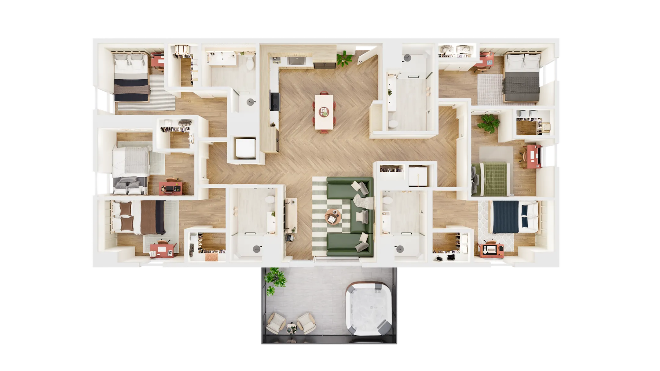 Modern 3D floor plan showcasing 4 bedrooms, elegant open living and dining area, and a luxurious balcony with a hot tub.