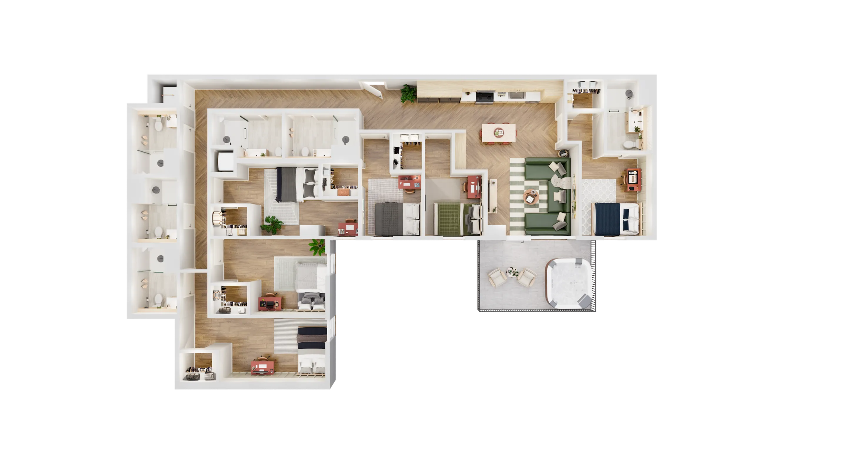 Luxurious L-shaped floor plan featuring 4 bedrooms, modern kitchen, spacious living room, and elegant outdoor patio.