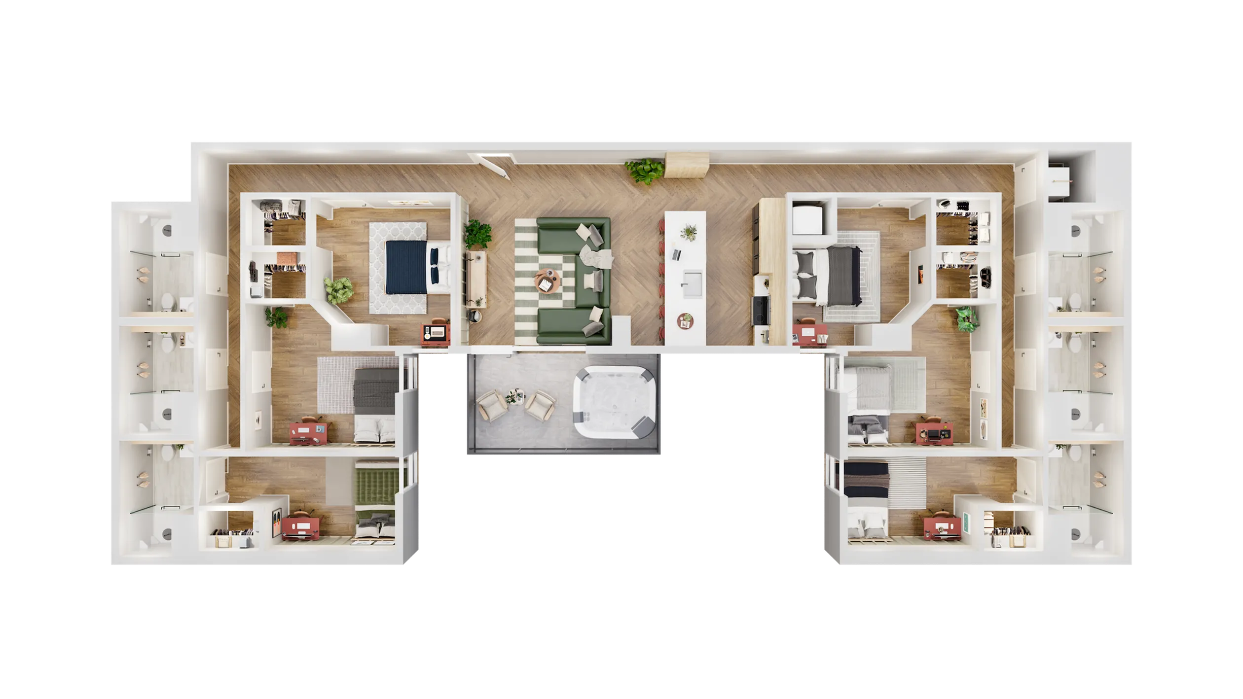 Contemporary floor plan showcasing three elegant bedrooms, a chic living area, gourmet kitchen, and a cozy balcony with seating.
