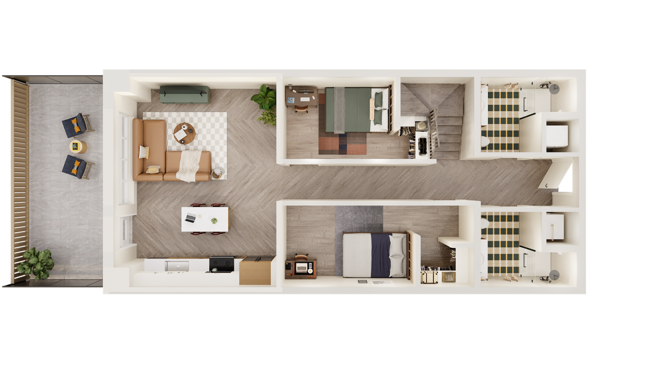 Modern 2D floor plan with two cozy bedrooms, spacious living room, elegant dining area, stylish kitchen, and private balcony.