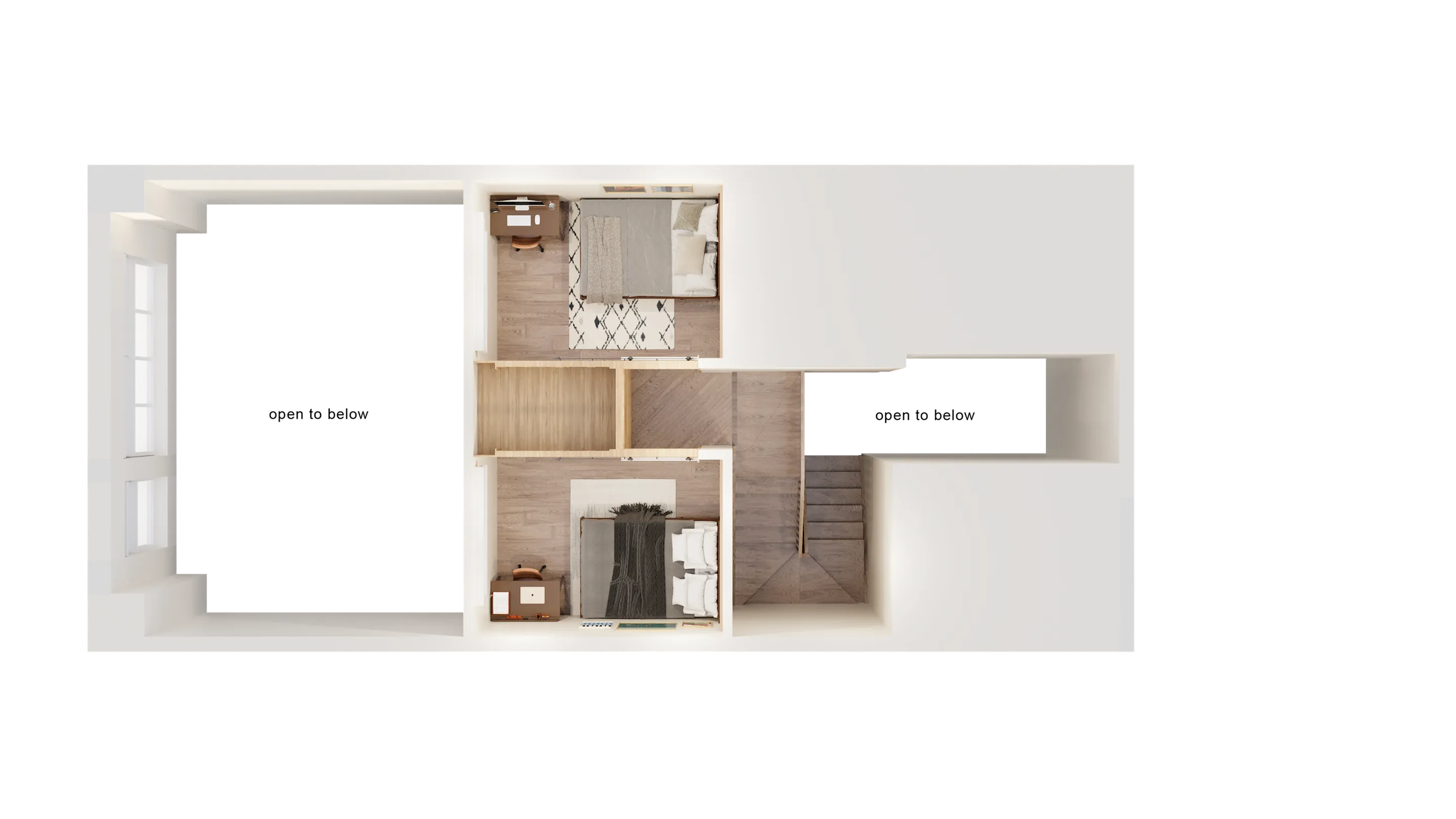 Modern floor plan featuring two cozy bedrooms with ample natural light and elegant wooden flooring.