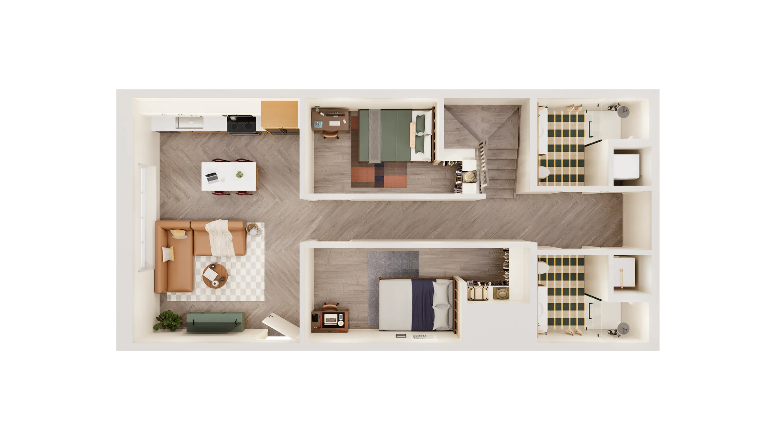 Elegant floor plan showcasing a modern apartment with two bedrooms, a cozy living area, chic kitchen, and two stylish bathrooms.