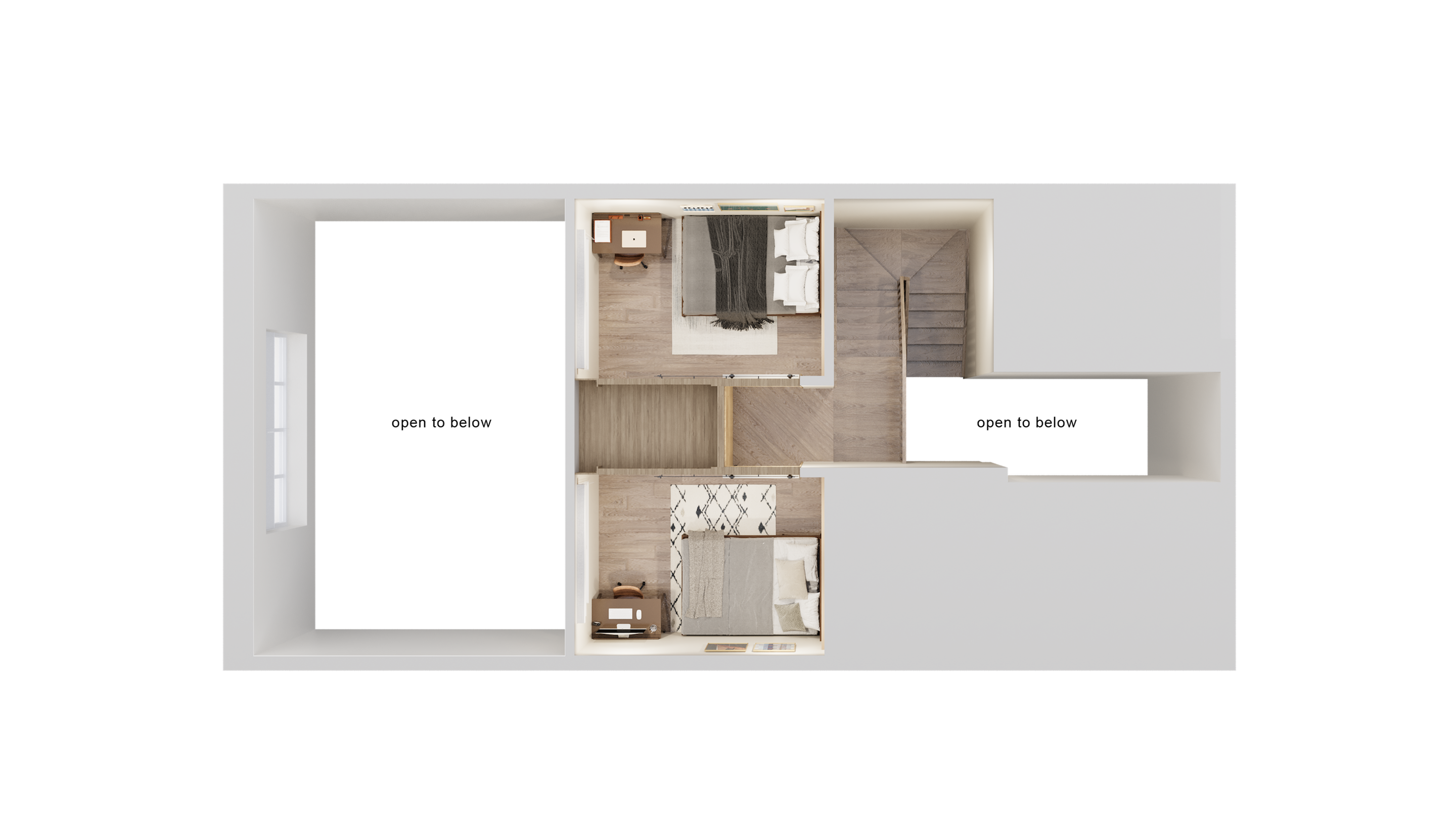 Elegant 3D floor plan showcasing two cozy bedrooms with modern decor and adjoining stairs.