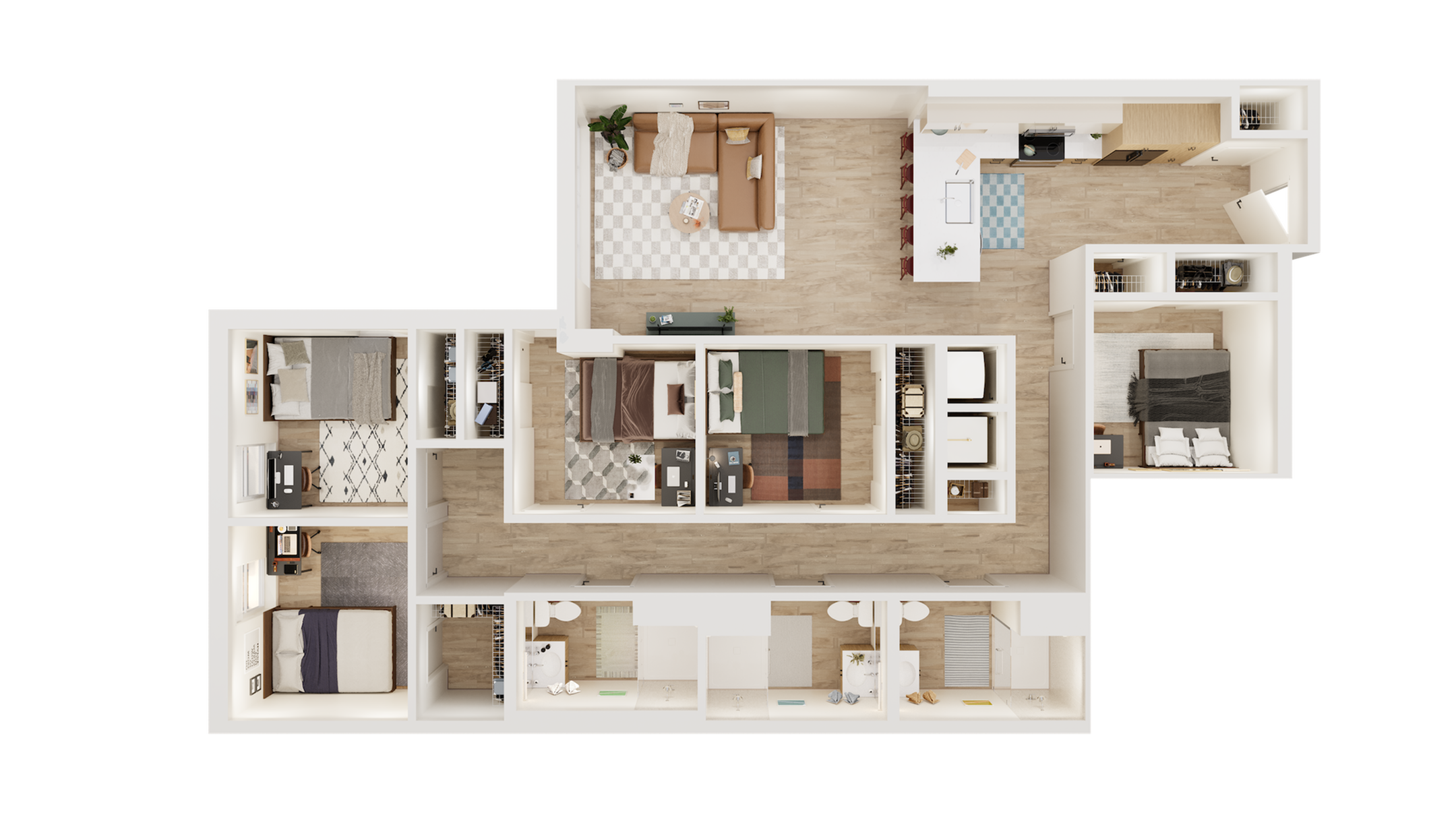 Elegant 3D floor plan showcasing 3 bedrooms, a cozy living room, and a modern kitchen with open layout.