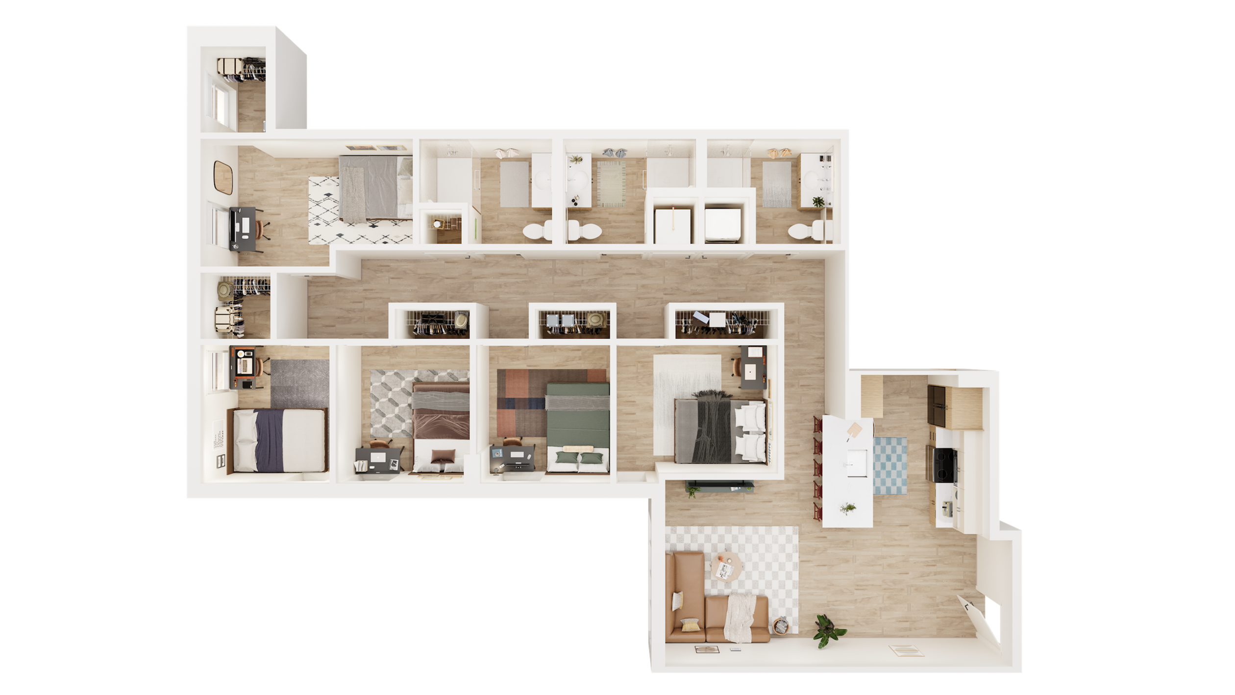 Chic apartment floor plan showcasing 3 bedrooms, 2 bathrooms, expansive living area, and modern kitchen.
