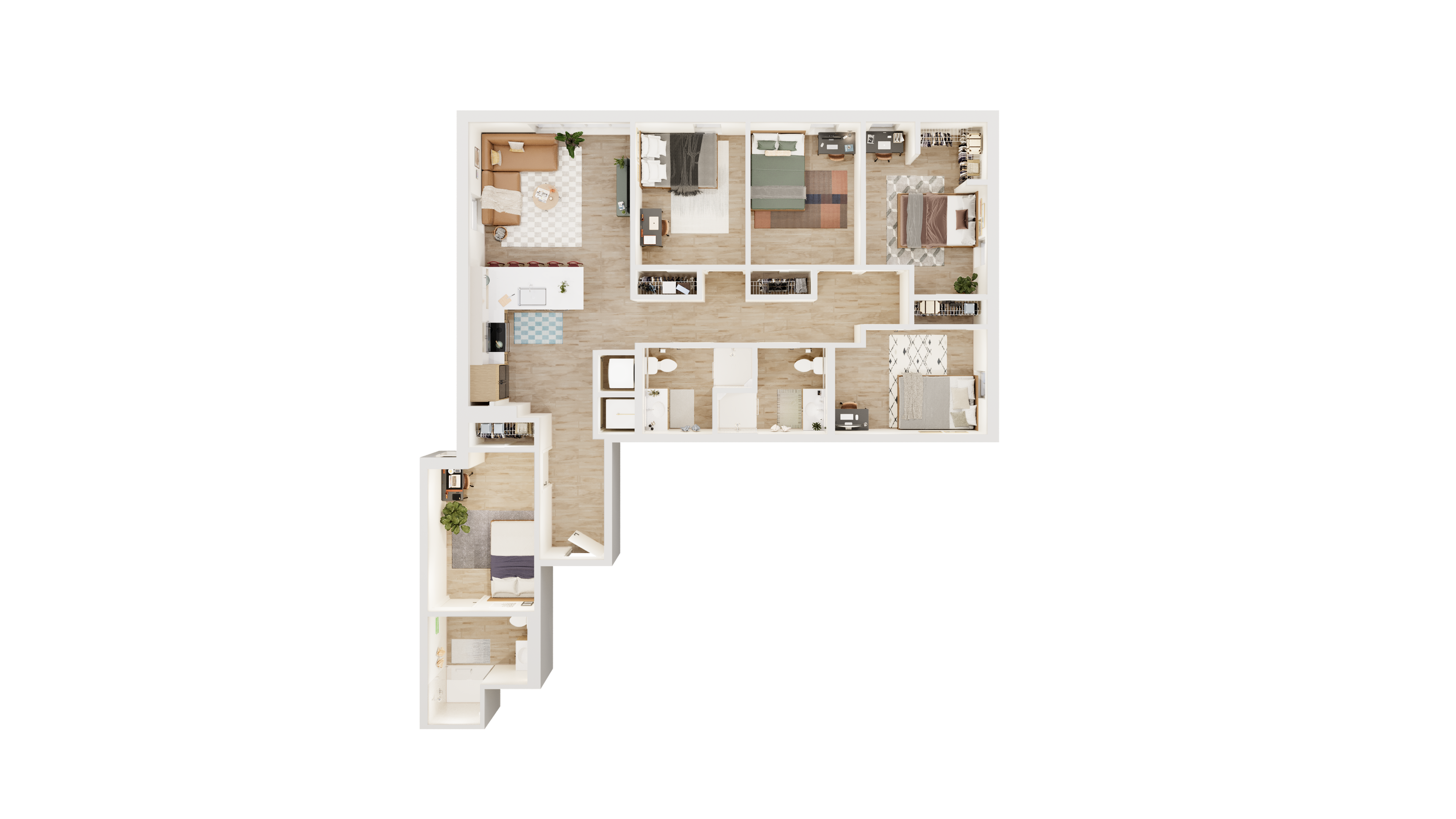 Modern 3D floor plan showcasing 3 spacious bedrooms, cozy living room, and well-appointed kitchen, perfect for family living.