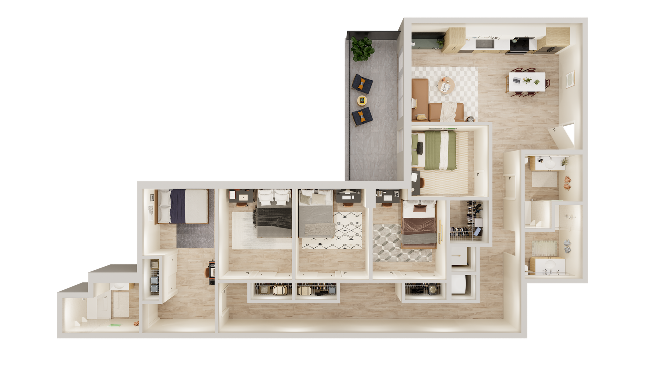 Elegant 3D floor plan featuring four bedrooms, an expansive living area, modern kitchen, and stylish balcony for luxurious living.