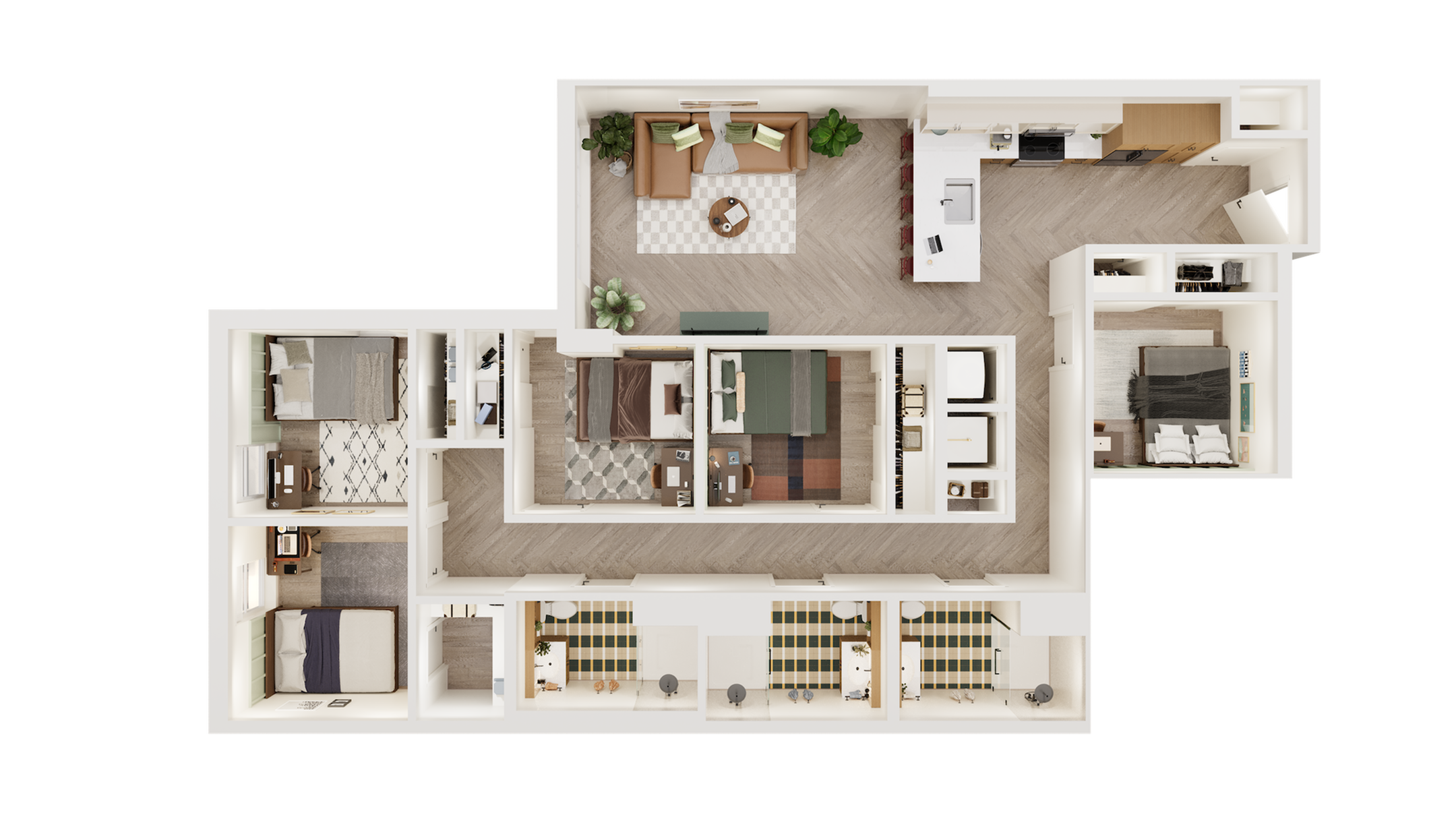 Elegant 3D floor plan showcasing 4 bedrooms, modern kitchen, and open living area with stylish decor.