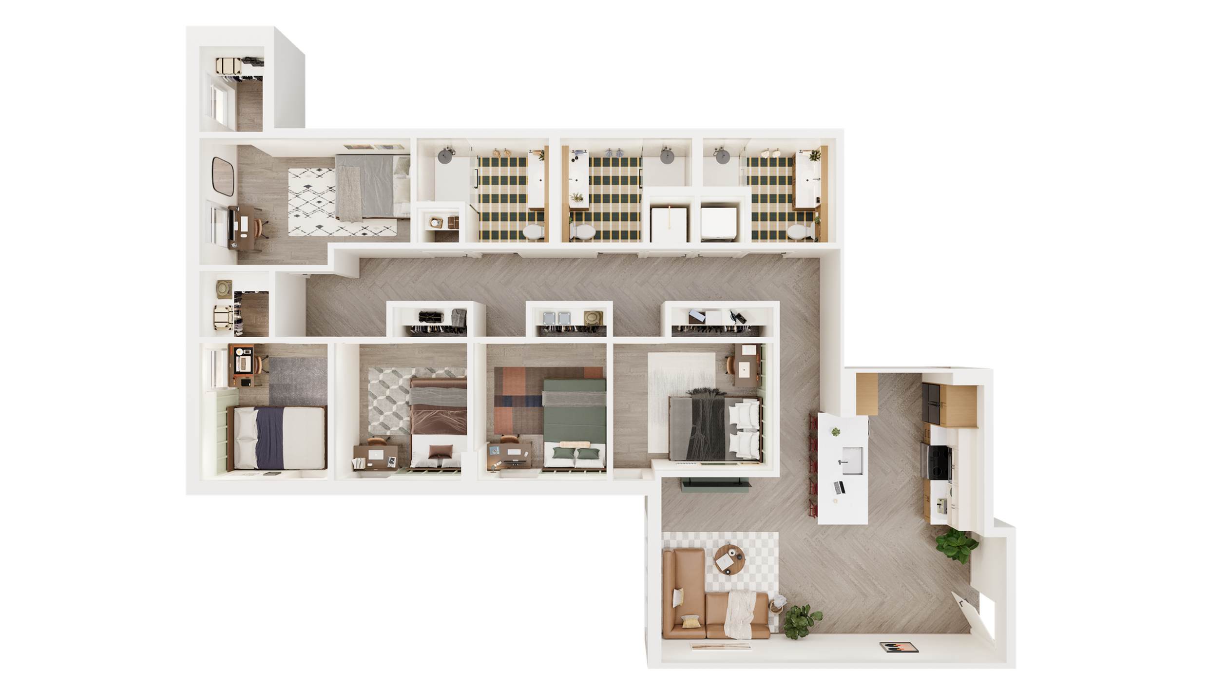 Sophisticated floor plan displaying 4 bedrooms, 2 elegant bathrooms, and a modern open kitchen with a cozy living area.
