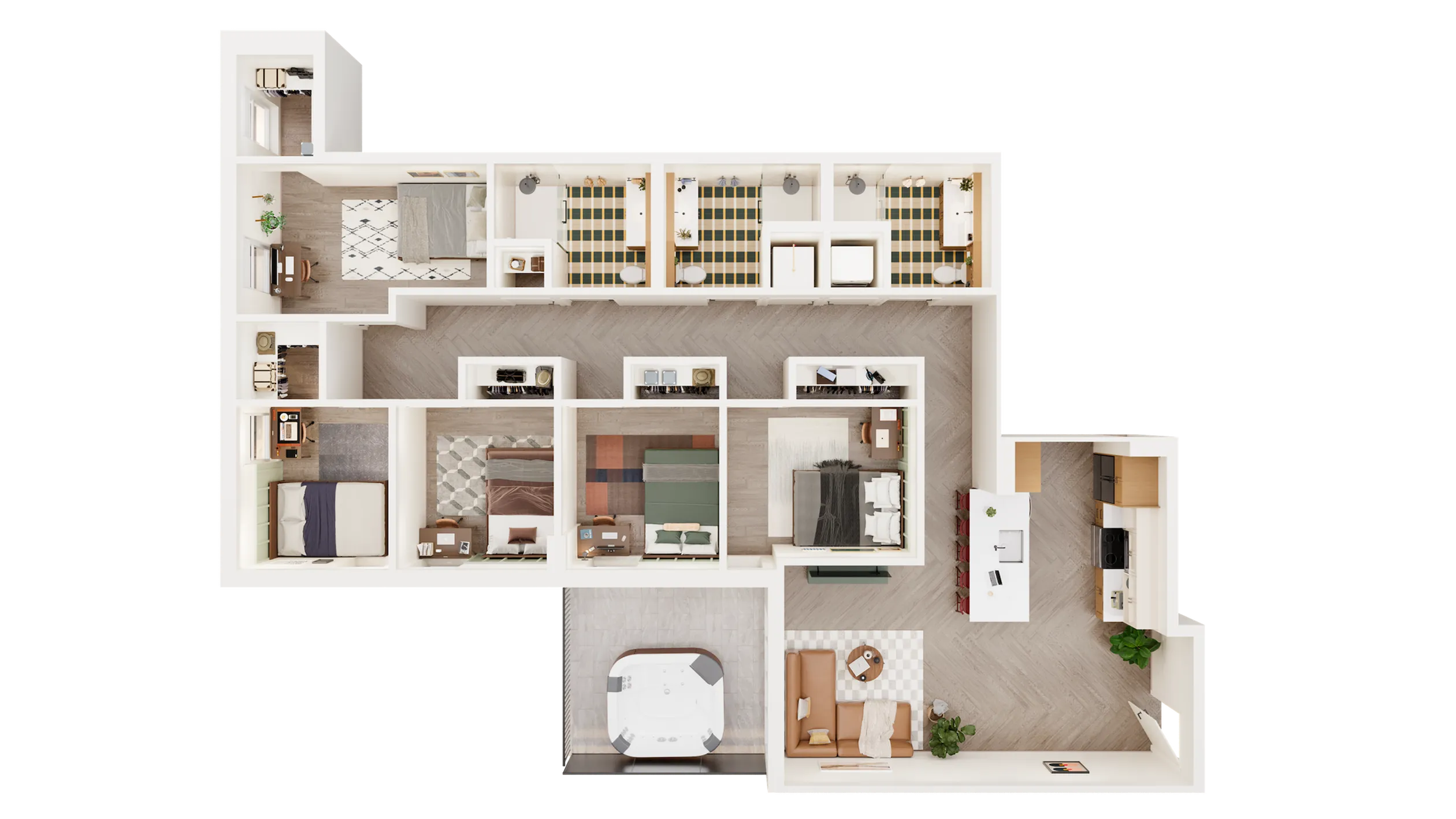 Modern 2D floor plan featuring 4 bedrooms, sleek kitchen, spacious living room, and stylish bathrooms.