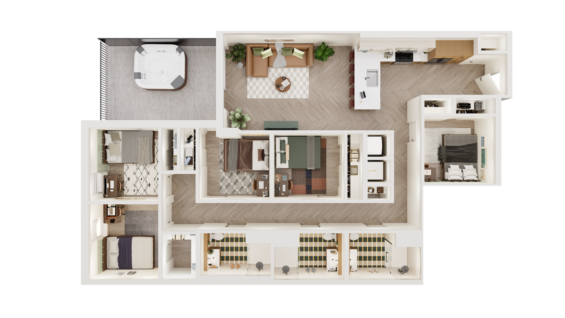 Luxurious floor plan showcasing 3 bedrooms, a modern kitchen, elegant living area, and spacious balcony with a private hot tub.