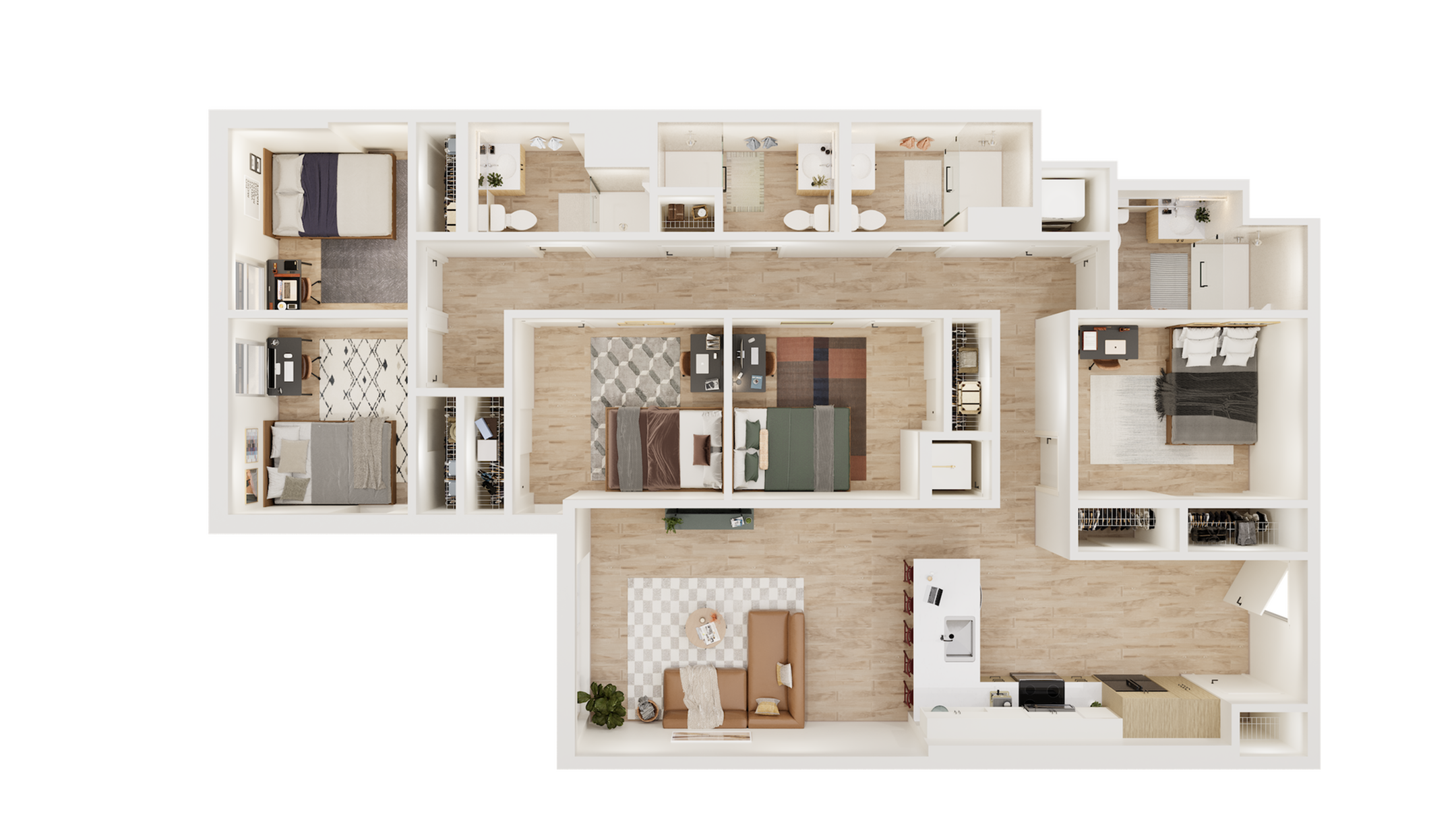 Modern 3D floor plan of a spacious apartment with three bedrooms, open living area, sleek kitchen, and multiple bathrooms, perfect for stylish urban living.