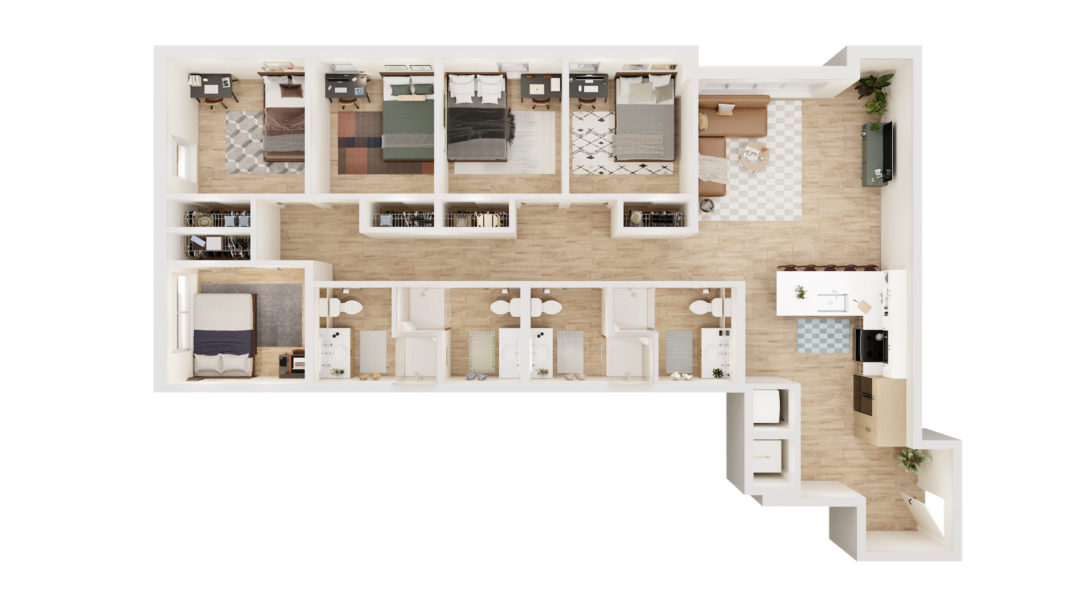 Spacious floor plan showcasing 5 bedrooms with en-suite bathrooms, modern open-plan living room, dining area, and a sleek kitchen.
