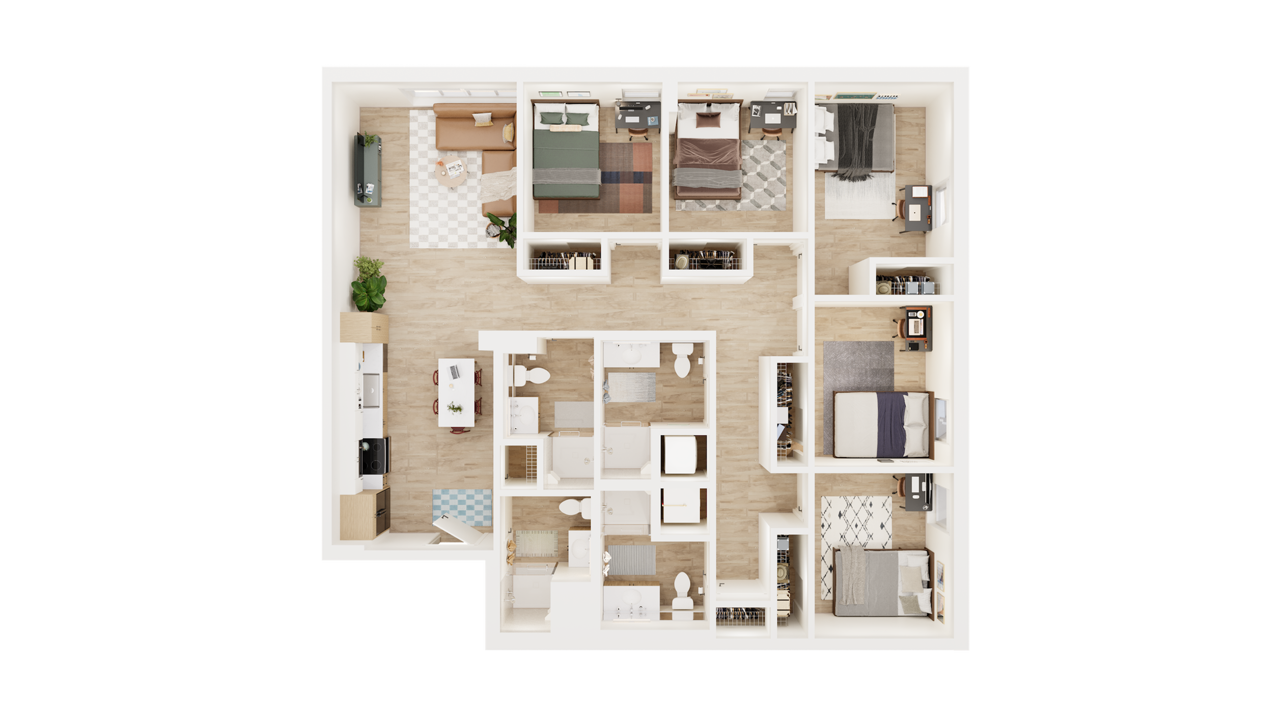 Modern floor plan showcasing 4 bedrooms, a cozy living room, and an open-concept kitchen with ample natural light.