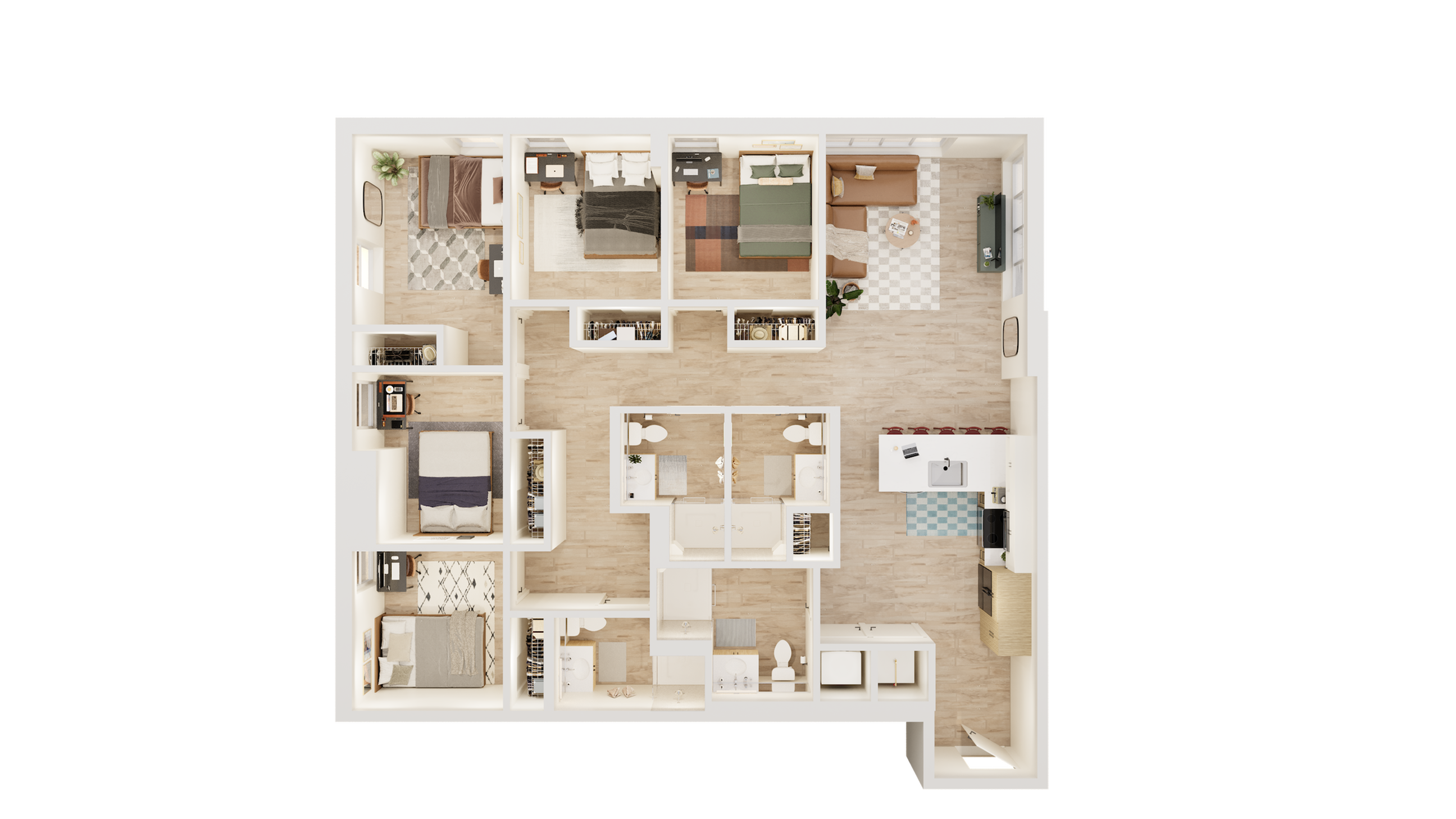 Inviting floor plan with four bedrooms, spacious open-concept living and dining area, and a modern kitchen. Ideal for family living with ample storage and two bathrooms.