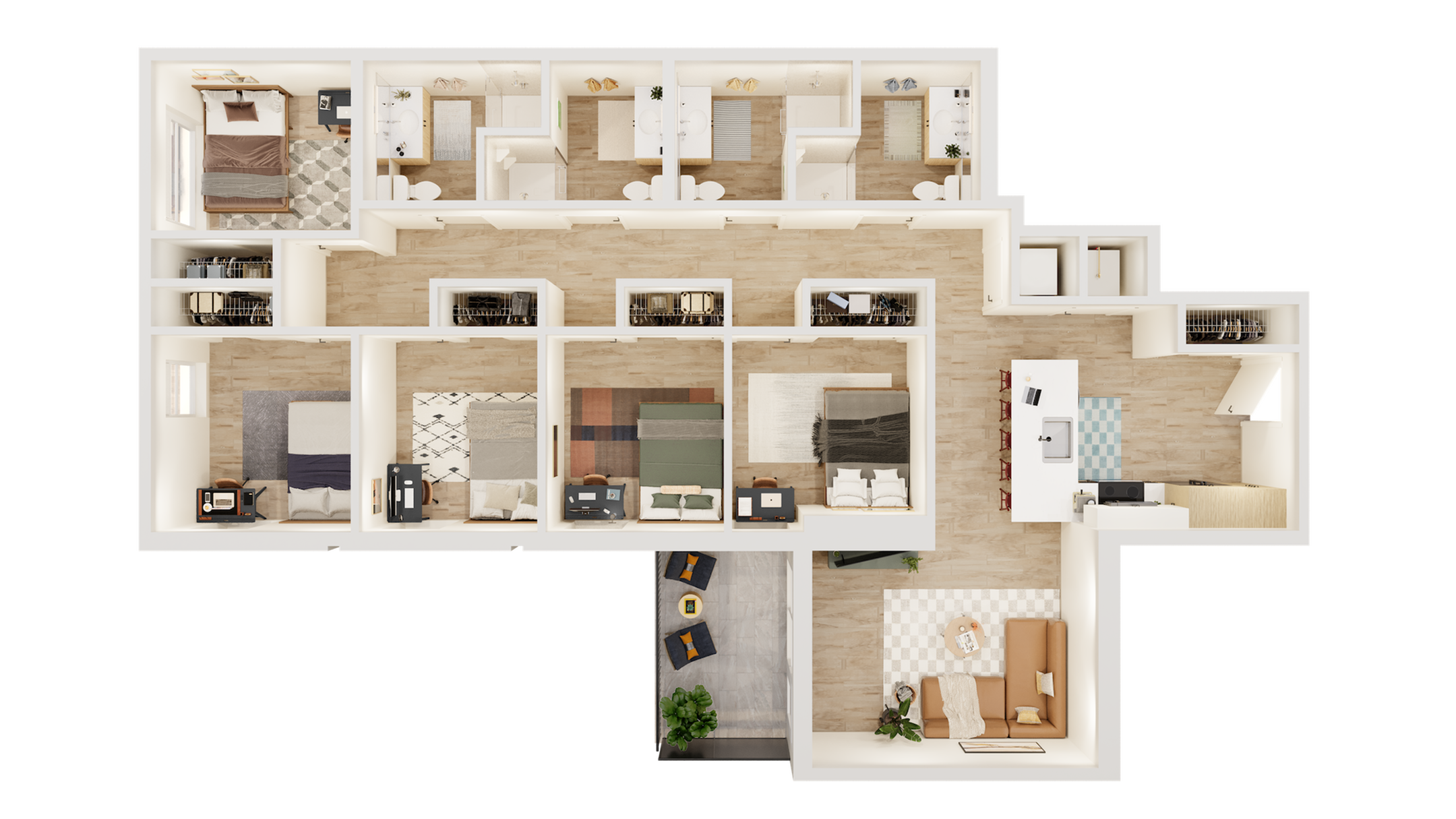 Luxurious floor plan showcasing 4 bedrooms, 3 modern bathrooms, a spacious open kitchen with island seating, and an inviting living area with elegant decor.