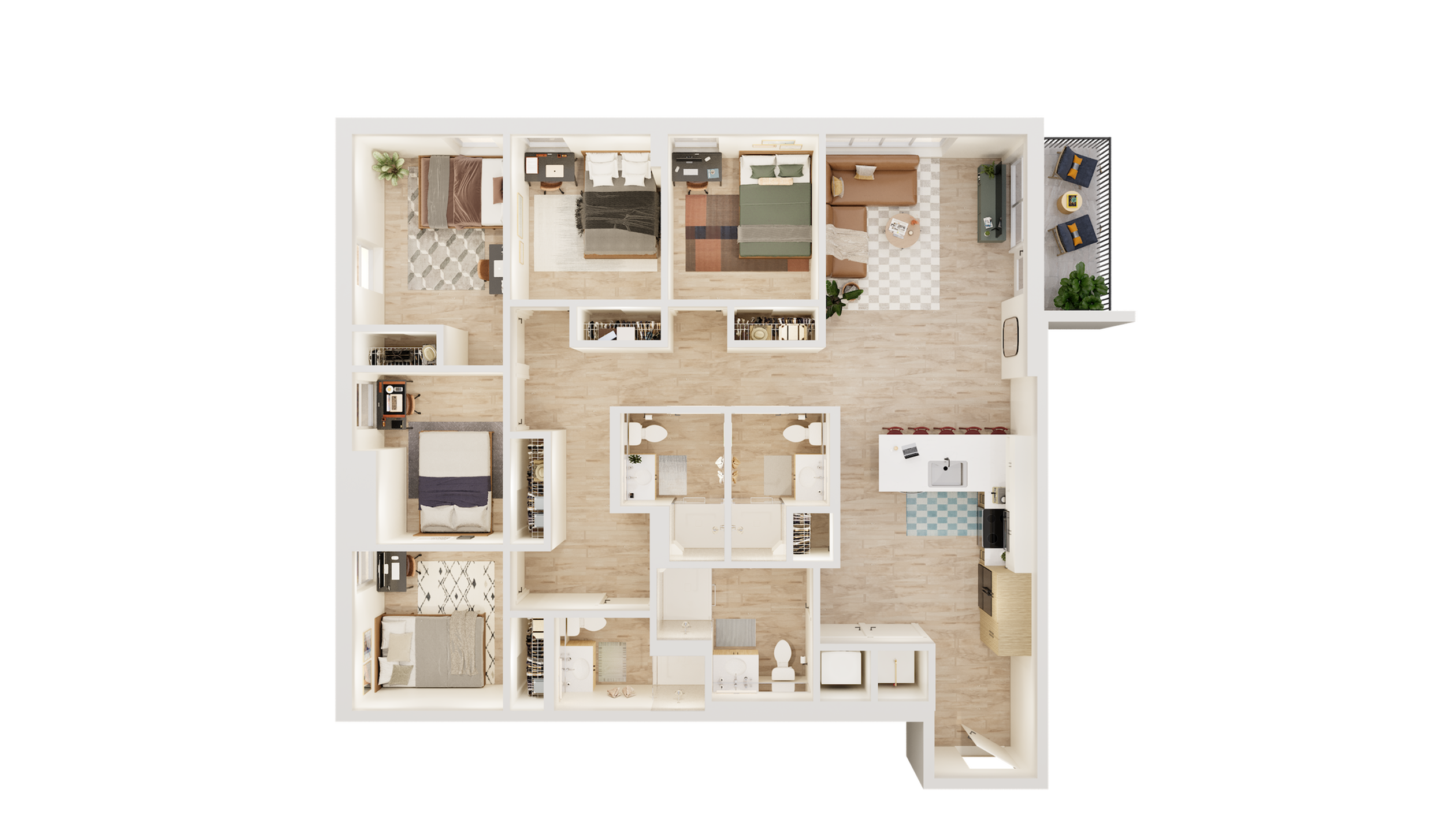 Modern 3D floor plan highlighting 4 bedrooms, 2 bathrooms, and a sleek open kitchen with an island, complemented by a cozy living area and private balcony.