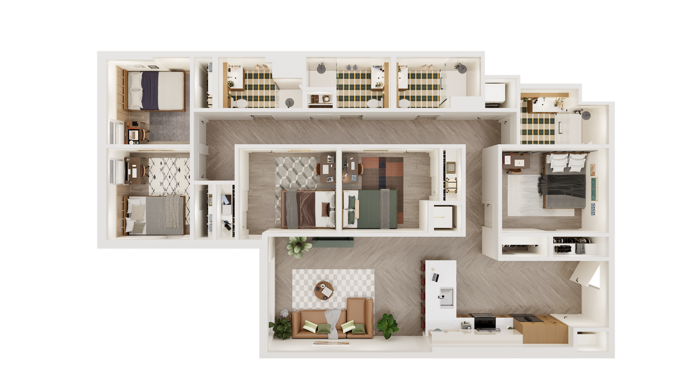 Expansive 3D floor plan showcasing three luxurious bedrooms, an open living space, and a modern kitchen perfect for stylish living.
