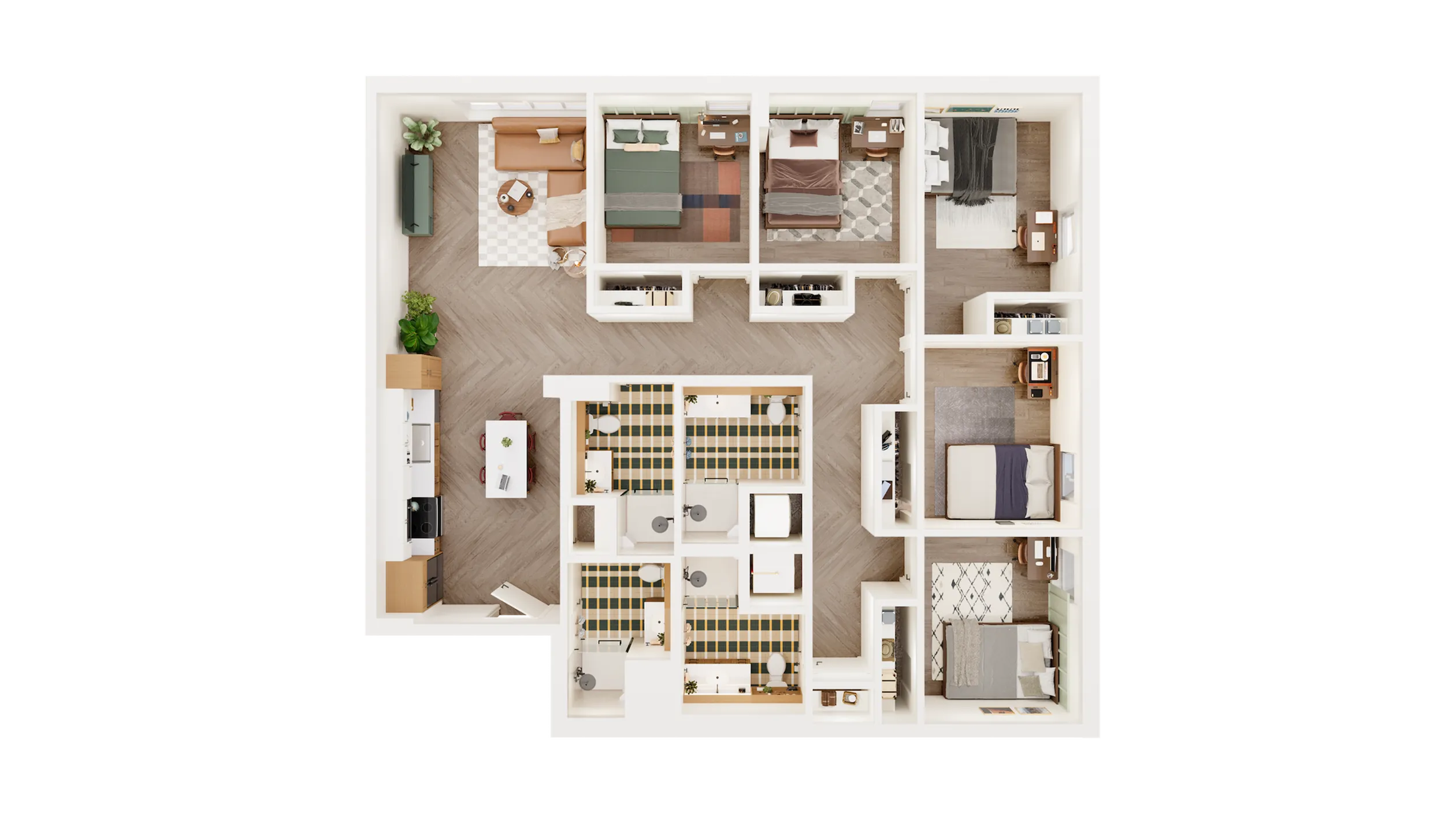 Chic floor plan showcasing 3 bedrooms, inviting open-concept living area, and modern kitchen.