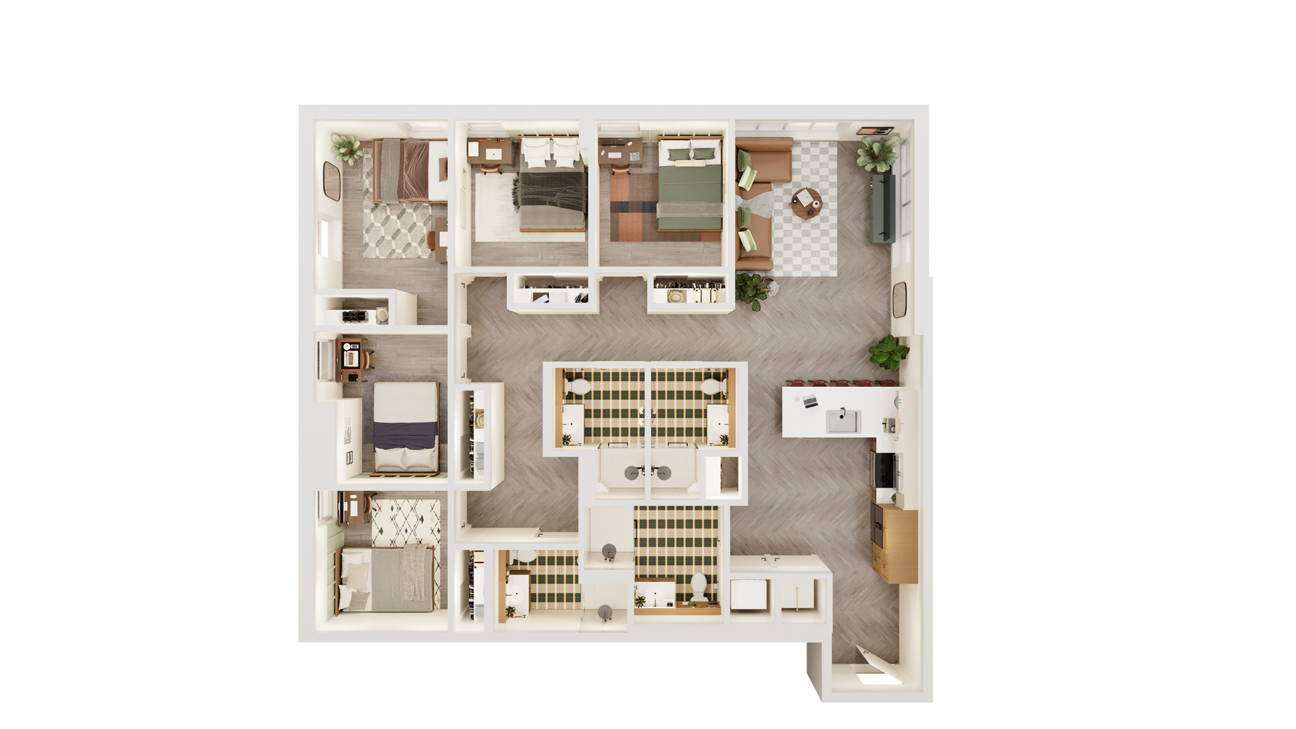Modern 3D floor plan showcasing 3 spacious bedrooms, open living area, and sleek kitchen with contemporary design.