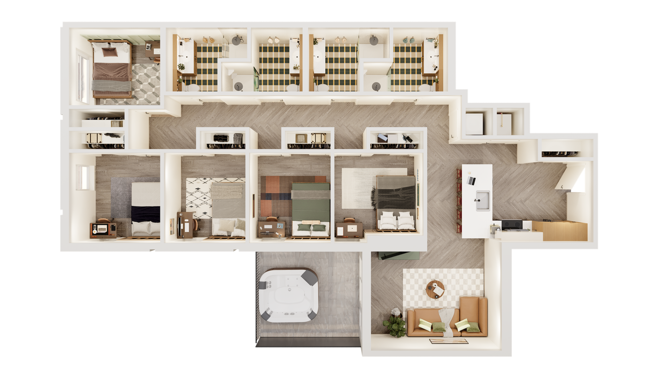 Elegant floor plan displaying four bedrooms, three bathrooms, a modern kitchen, open dining area, and luxury lounge space with a cozy atmosphere.