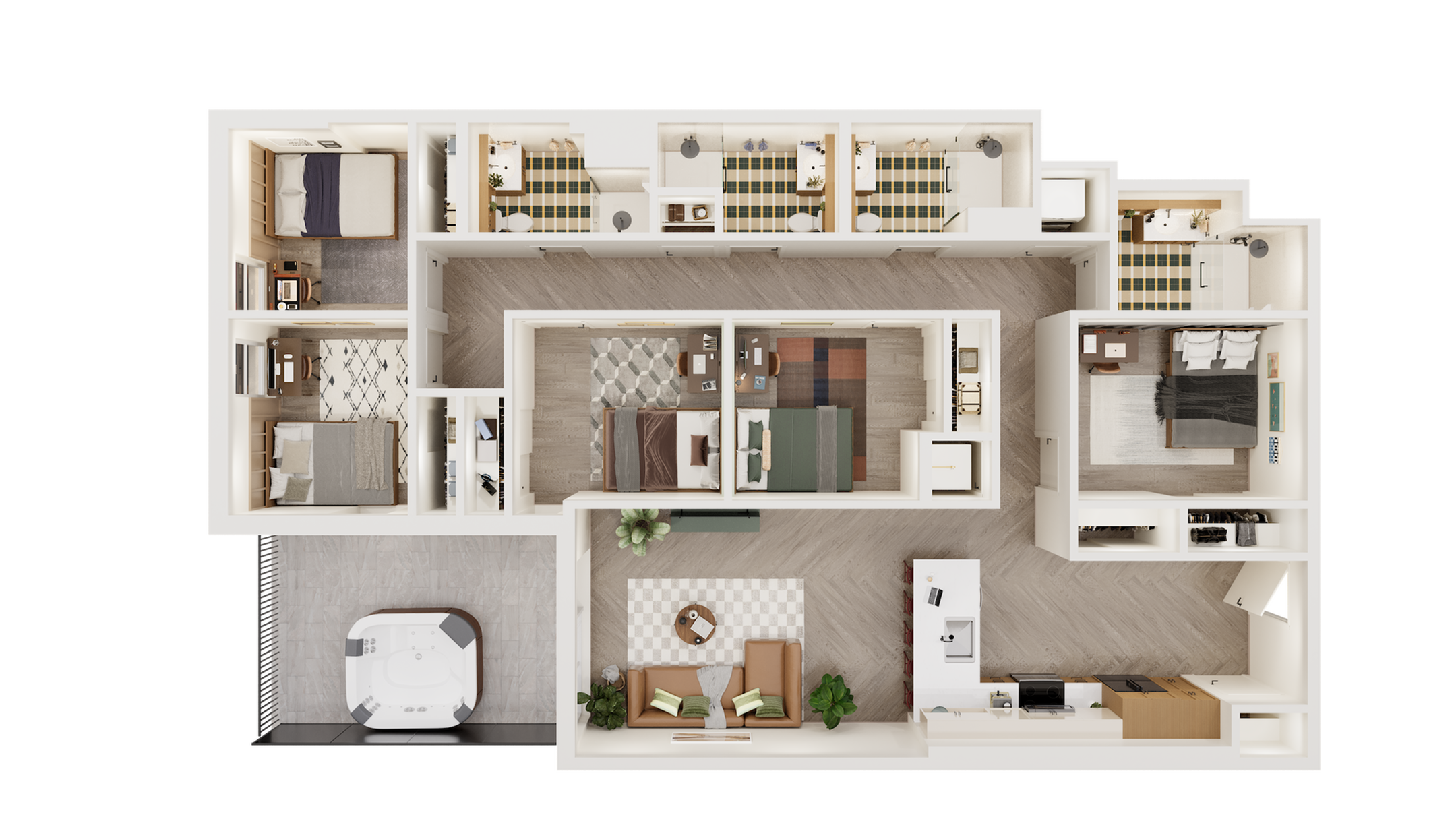 Modern floor plan showcasing three stylish bedrooms, a cozy living room, sleek kitchen, and a luxurious jacuzzi area.