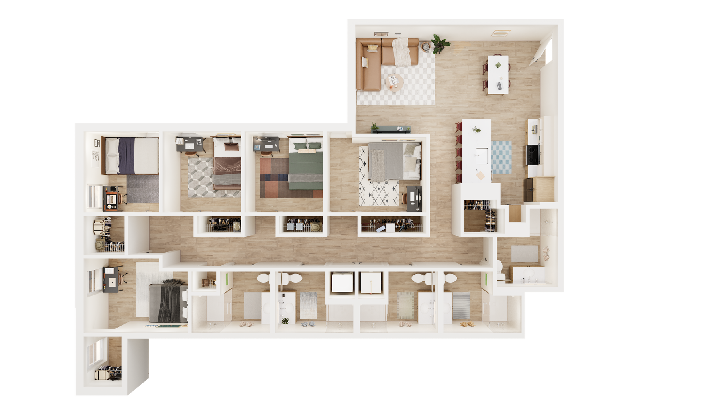 Expansive 3D floor plan showcasing four bedrooms, two modern bathrooms, a spacious kitchen, and an inviting living area.