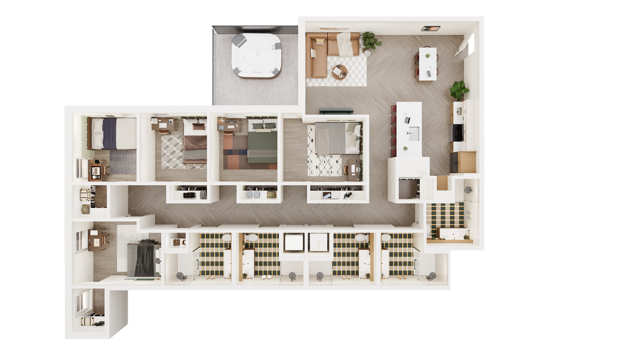 Modern floor plan showcasing 3 bedrooms, spacious living area with balcony, and a sleek kitchen with breakfast bar.