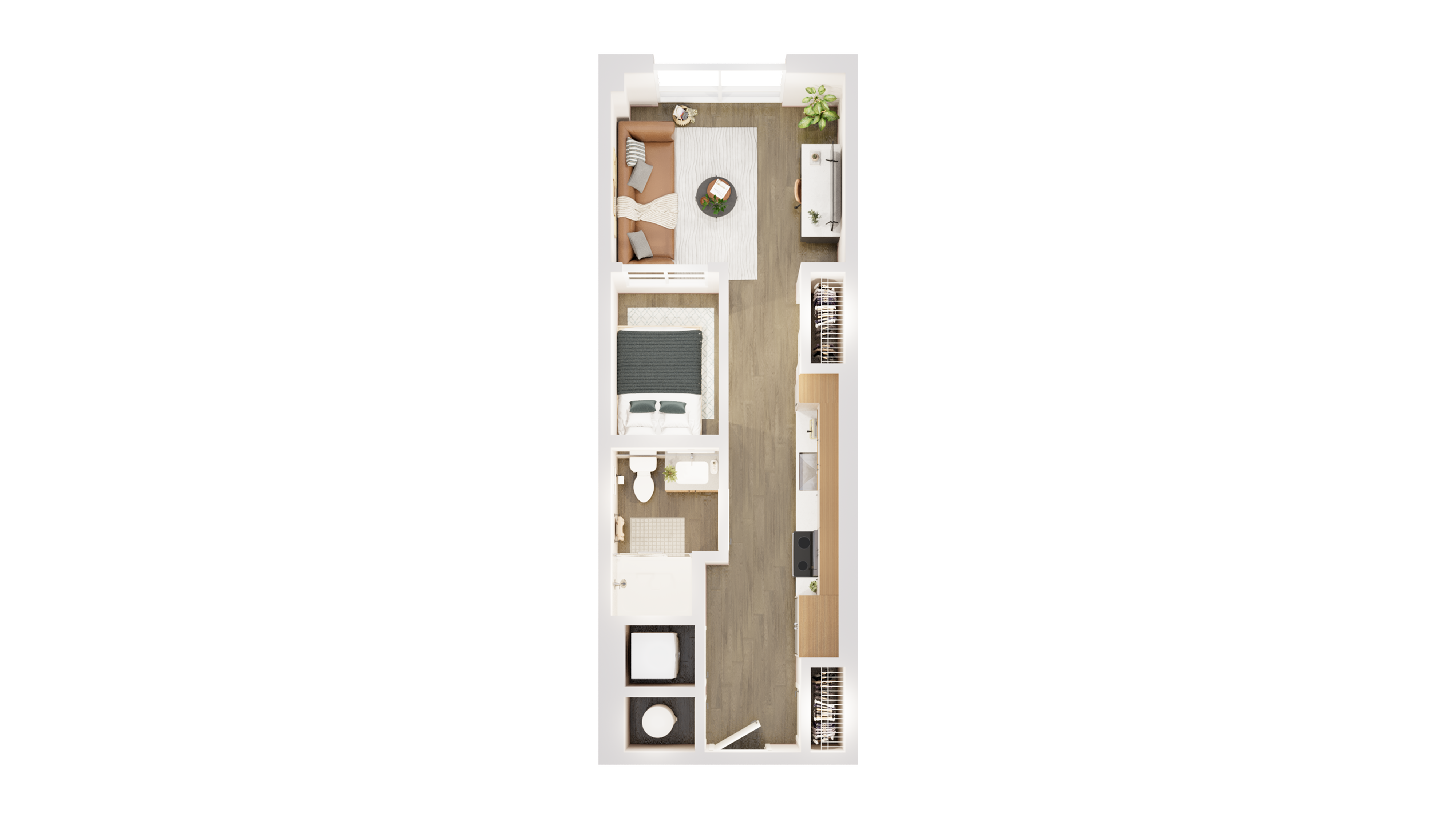 Chic studio apartment floor plan showcasing an open living area, cozy sleeping space, modern kitchen, and compact bathroom.