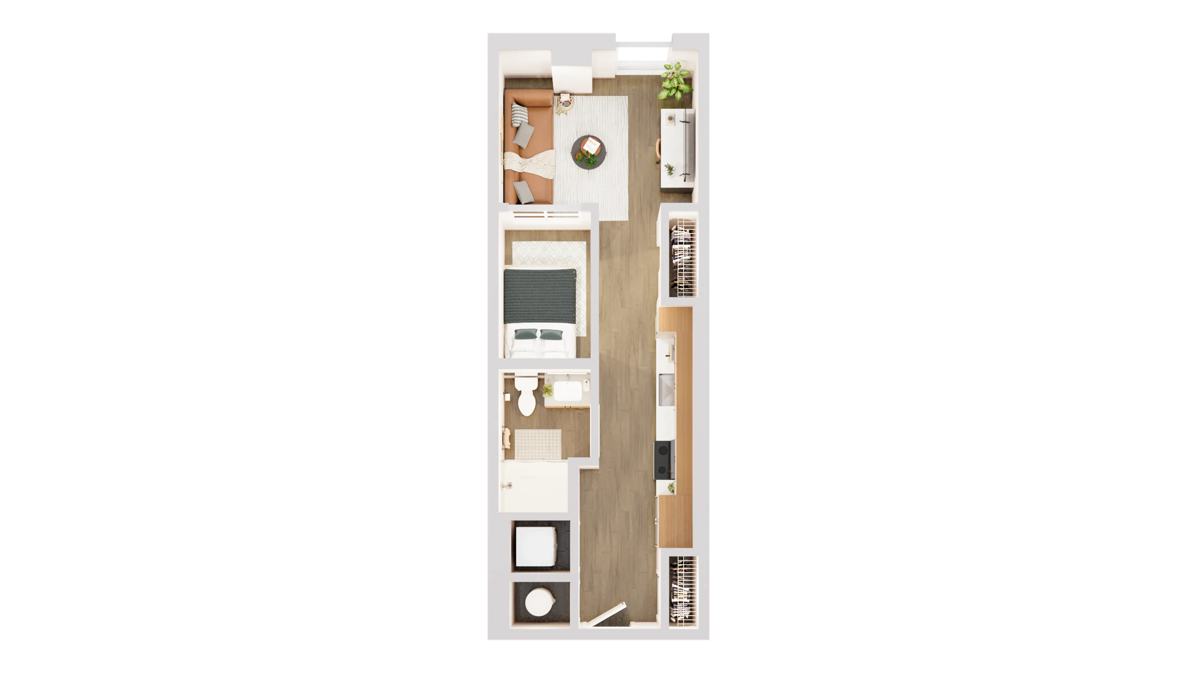 Modern 1-bedroom apartment floor plan featuring an open-concept living room, streamlined kitchen, and cozy bedroom retreat.