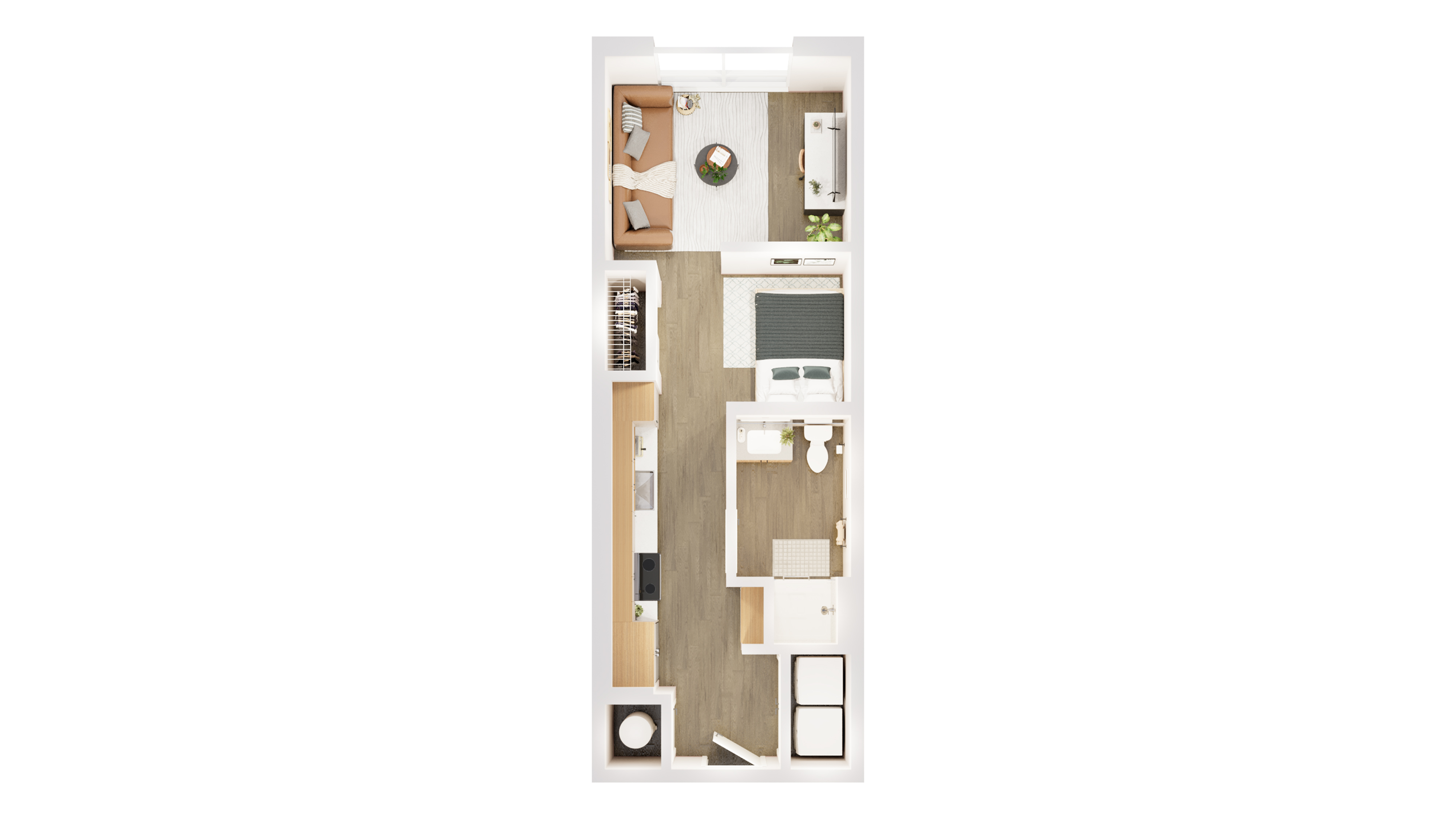 Modern 1-bedroom apartment floor plan with open living area, cozy kitchen, and stylish bathroom.