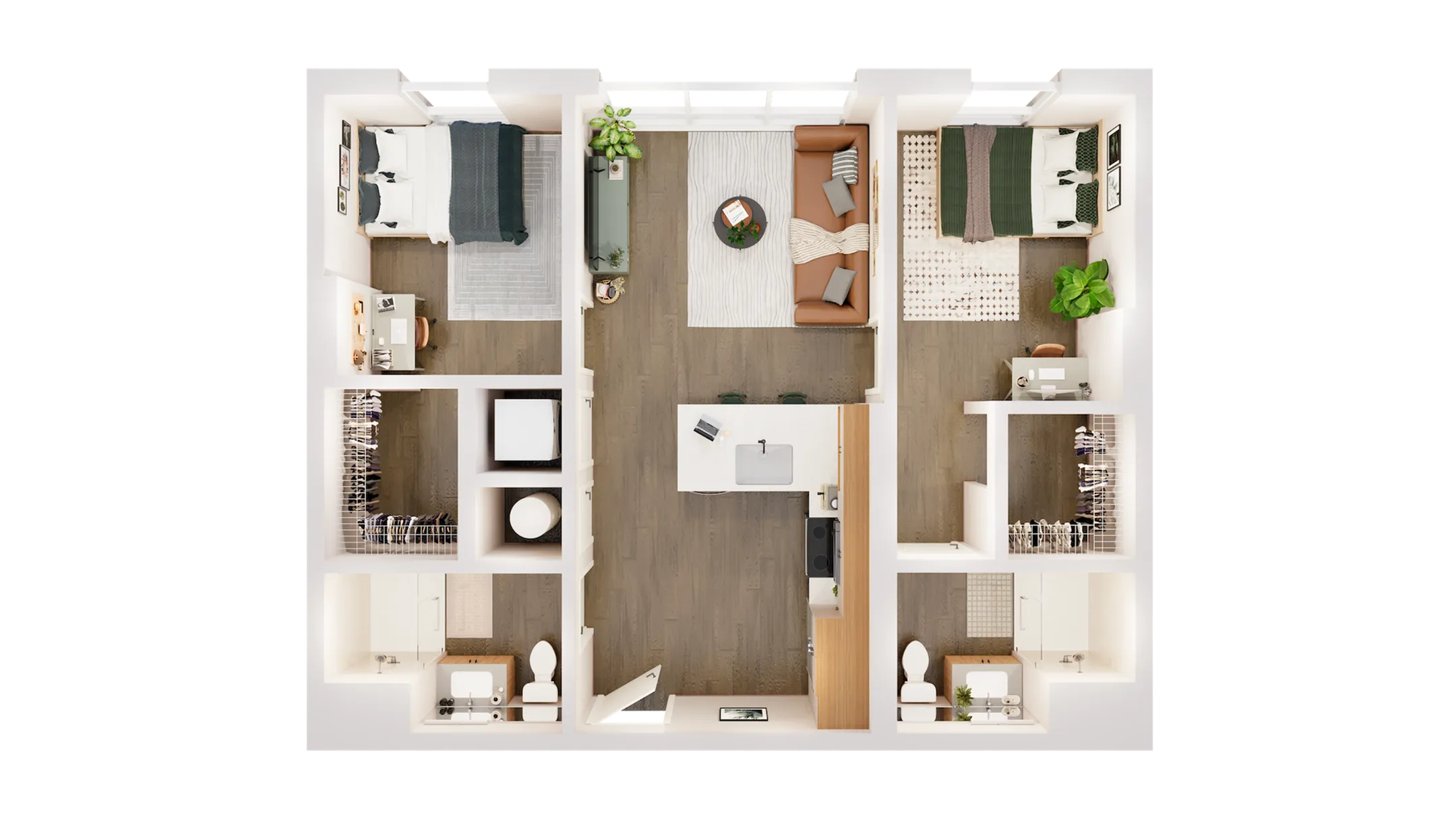 Modern 3D floor plan showcasing an elegant apartment with two bedrooms, cozy living area, and a centrally-located kitchen.