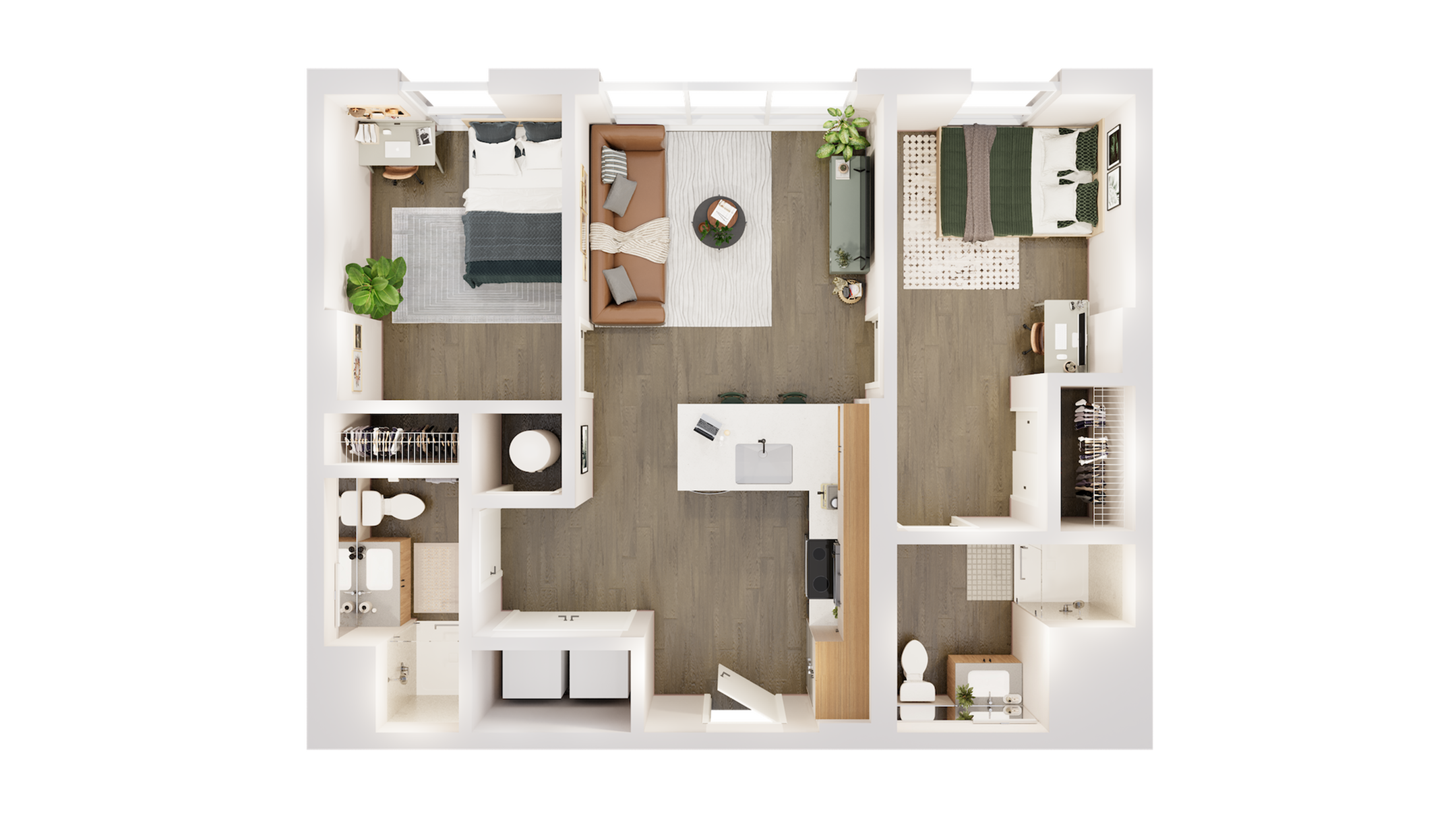 Modern 2-bedroom apartment floor plan with open-concept living room and kitchen, highlighting ample natural light and efficient layout.