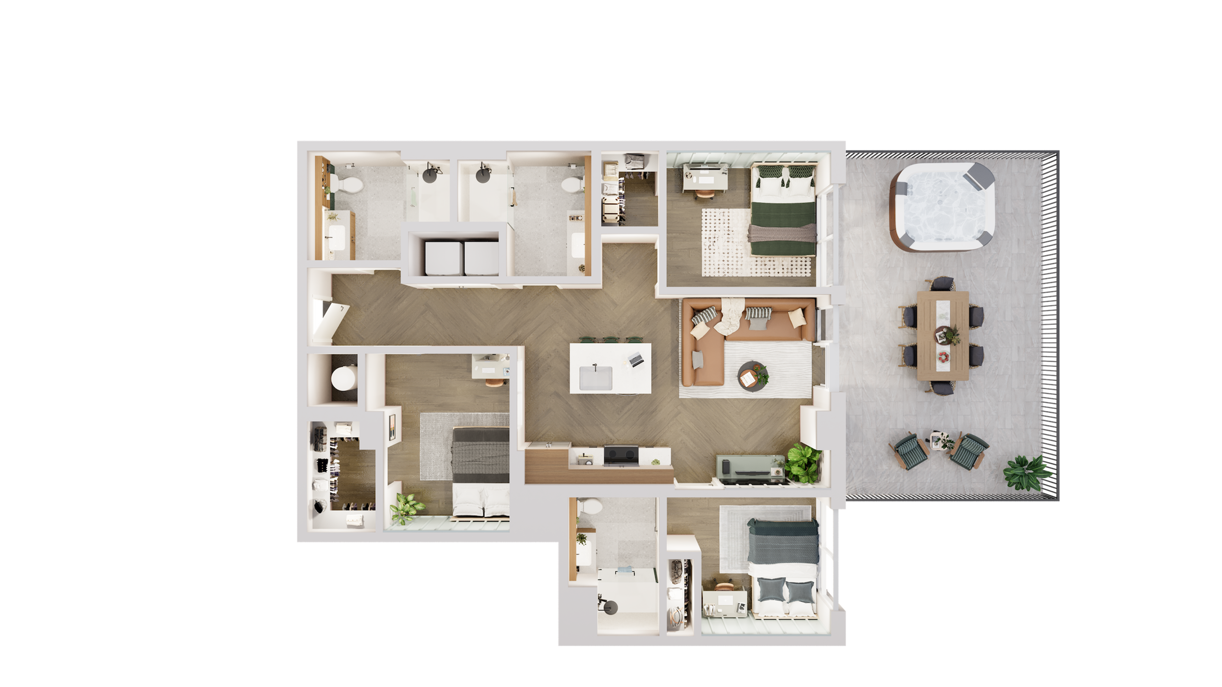 Modern apartment floor plan showcasing 3 bedrooms, expansive living area, sleek kitchen, and a luxurious terrace with hot tub and dining space.