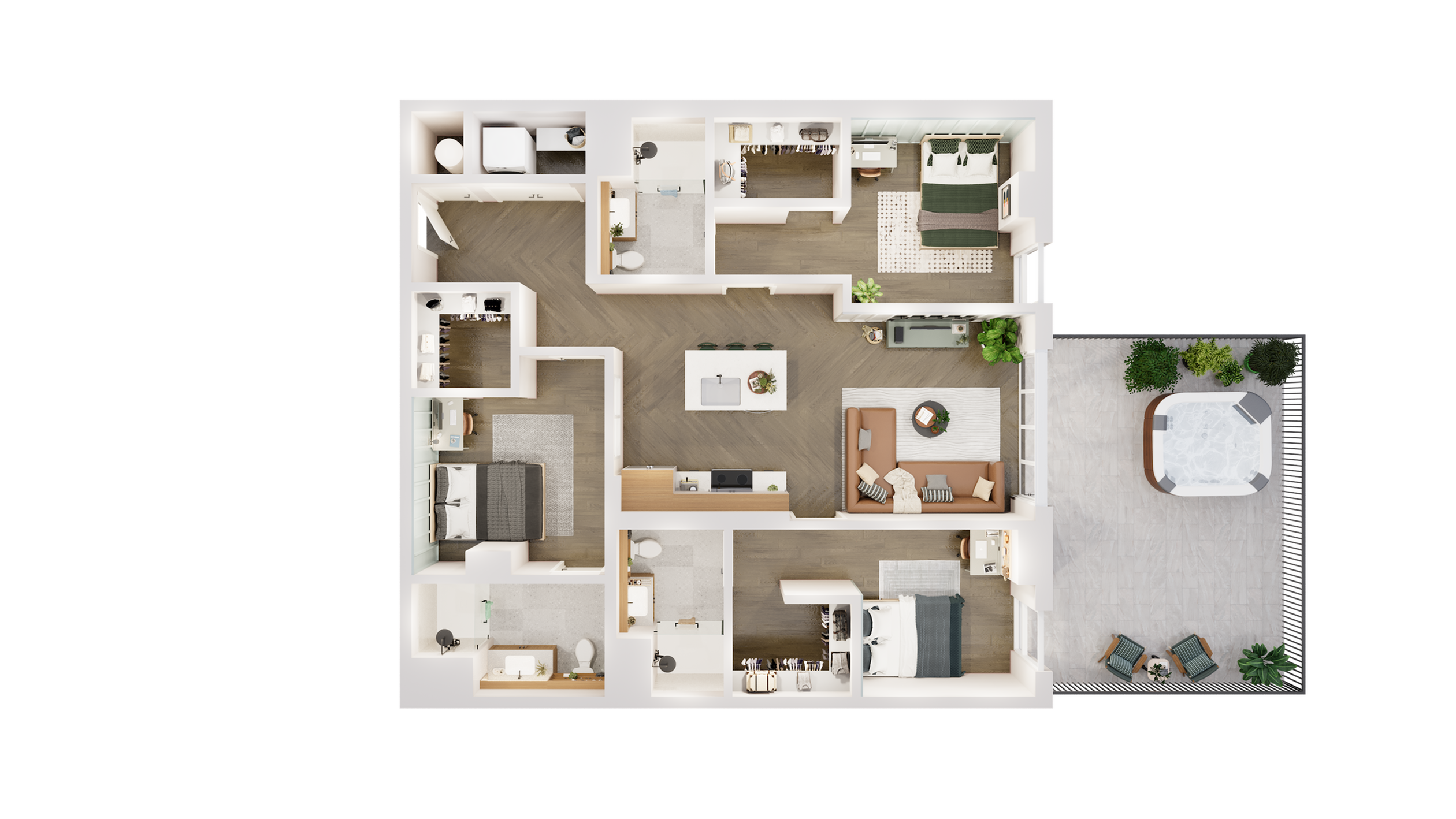 Elegant floor plan showcasing 2 bedrooms, modern kitchen, cozy living room, and spacious terrace with hot tub.