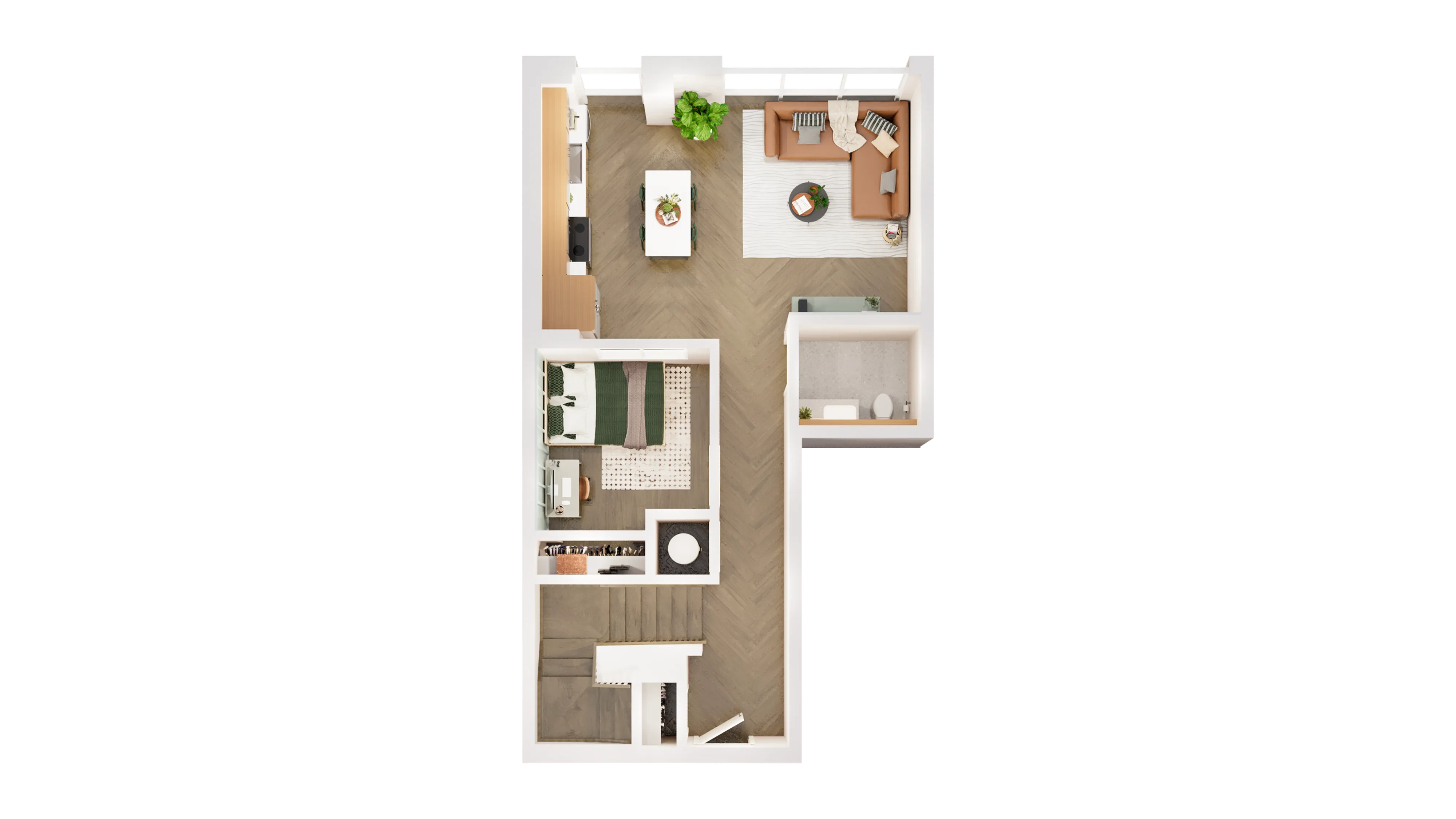 Modern 1-bedroom apartment floor plan featuring an open kitchen, cozy living room, spacious bedroom, and well-designed bathroom.