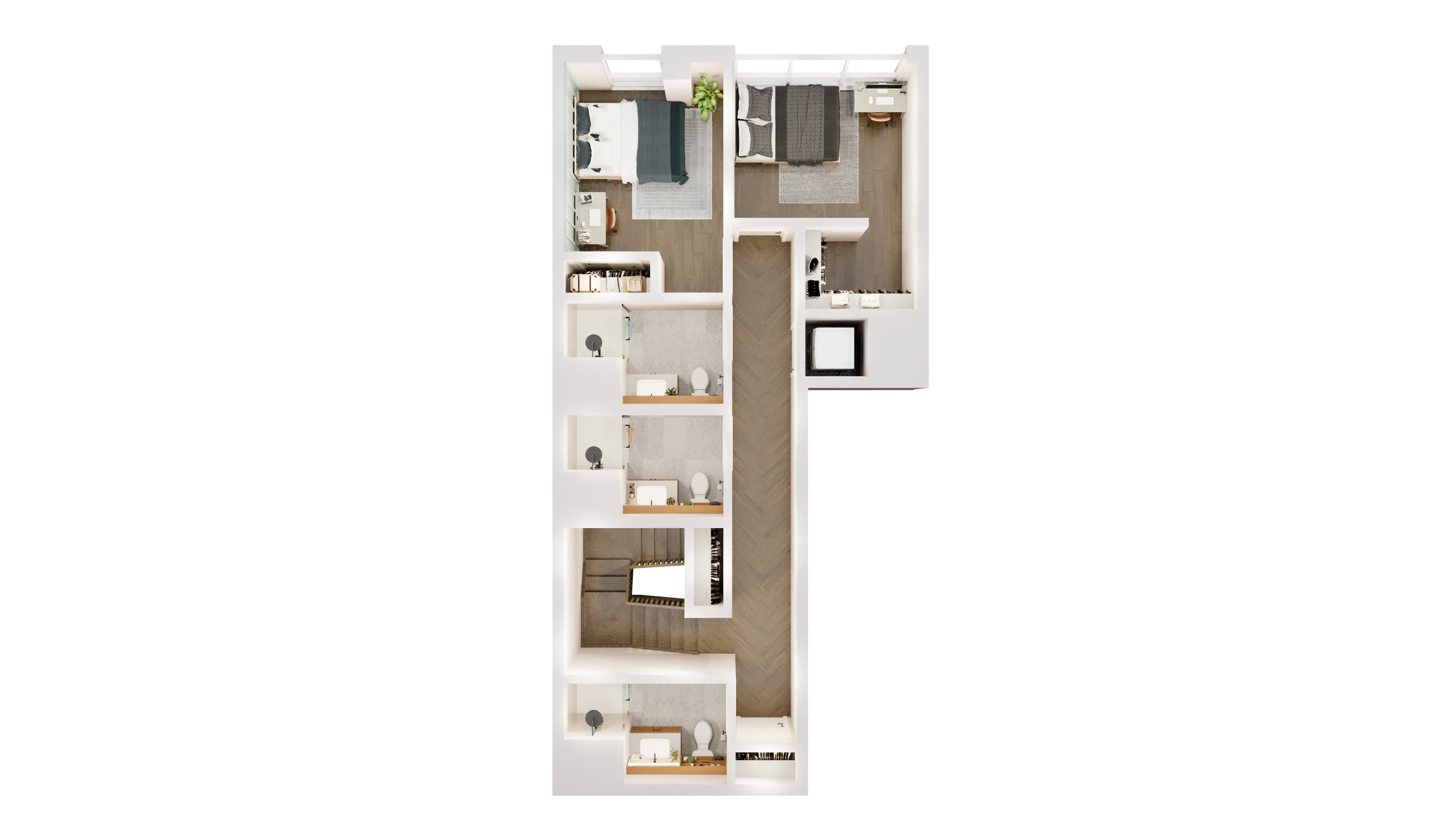 Modern floor plan with bright 2 bedrooms, sleek bathrooms, and spacious hallway highlighting elegant design.