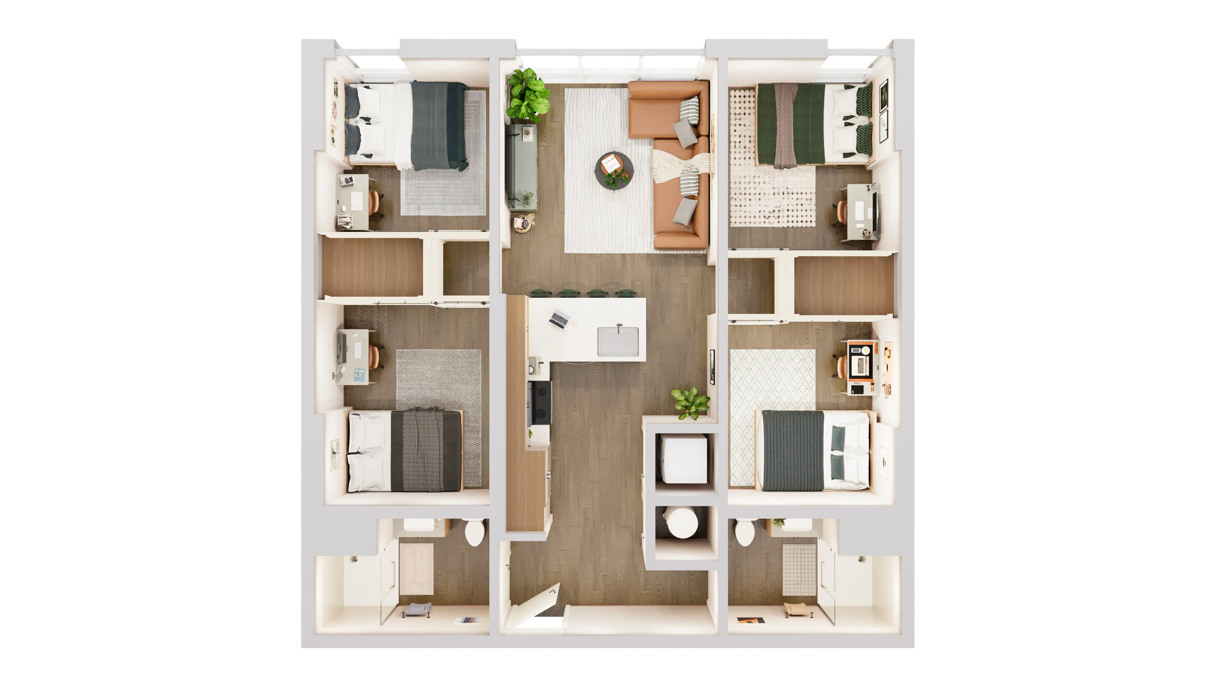 Modern 3-bedroom floor plan featuring open-concept living area, stylish kitchen, and elegant design elements.
