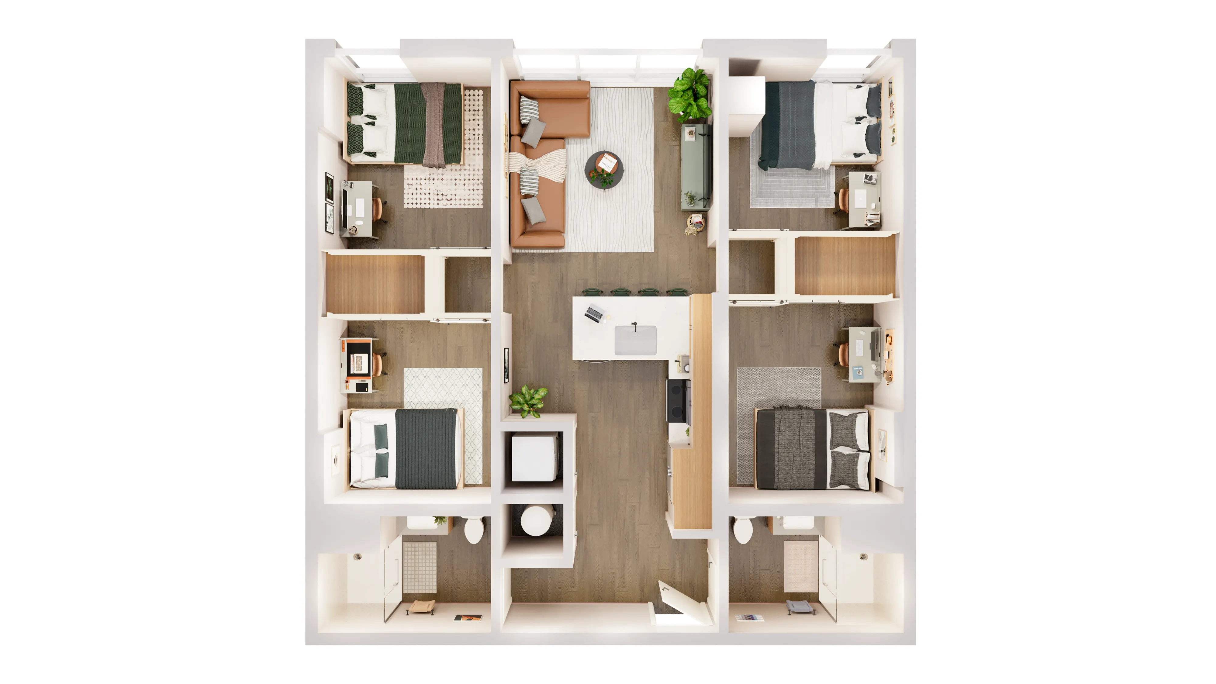 Bright and modern apartment floor plan showcasing 3 bedrooms, a stylish open kitchen, and a cozy living area.
