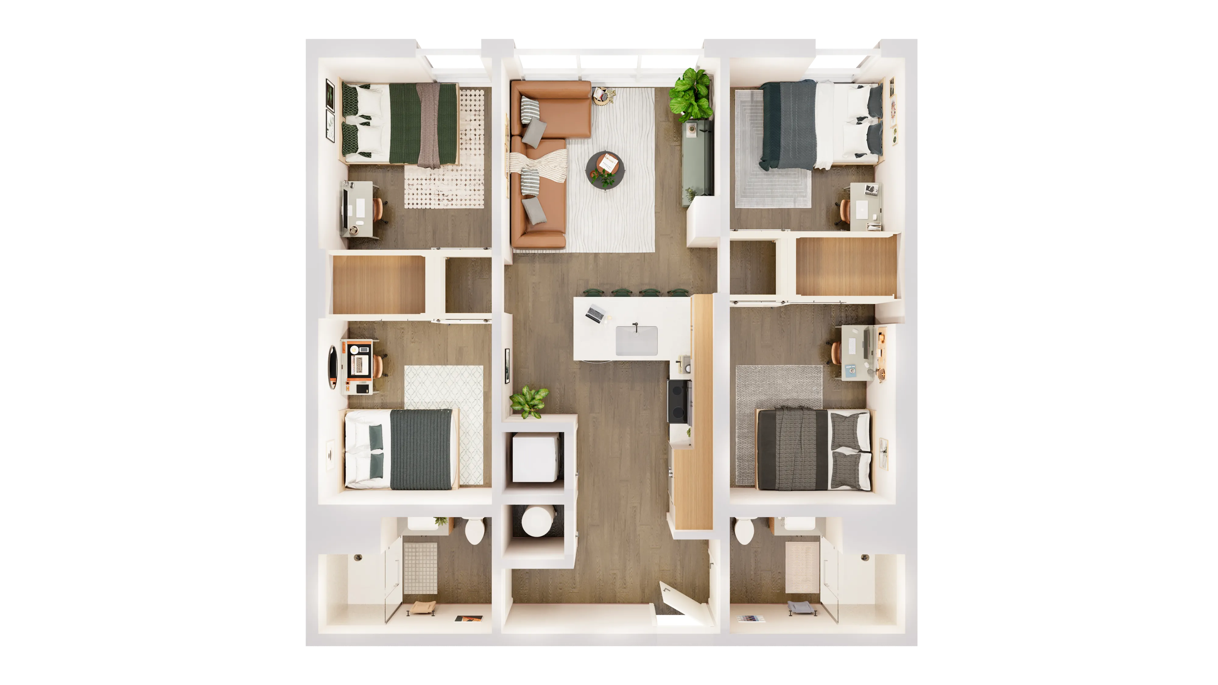 Modern 3D apartment floor plan with three spacious bedrooms, open-concept living and dining area, sleek kitchen island, and stylish finishes.