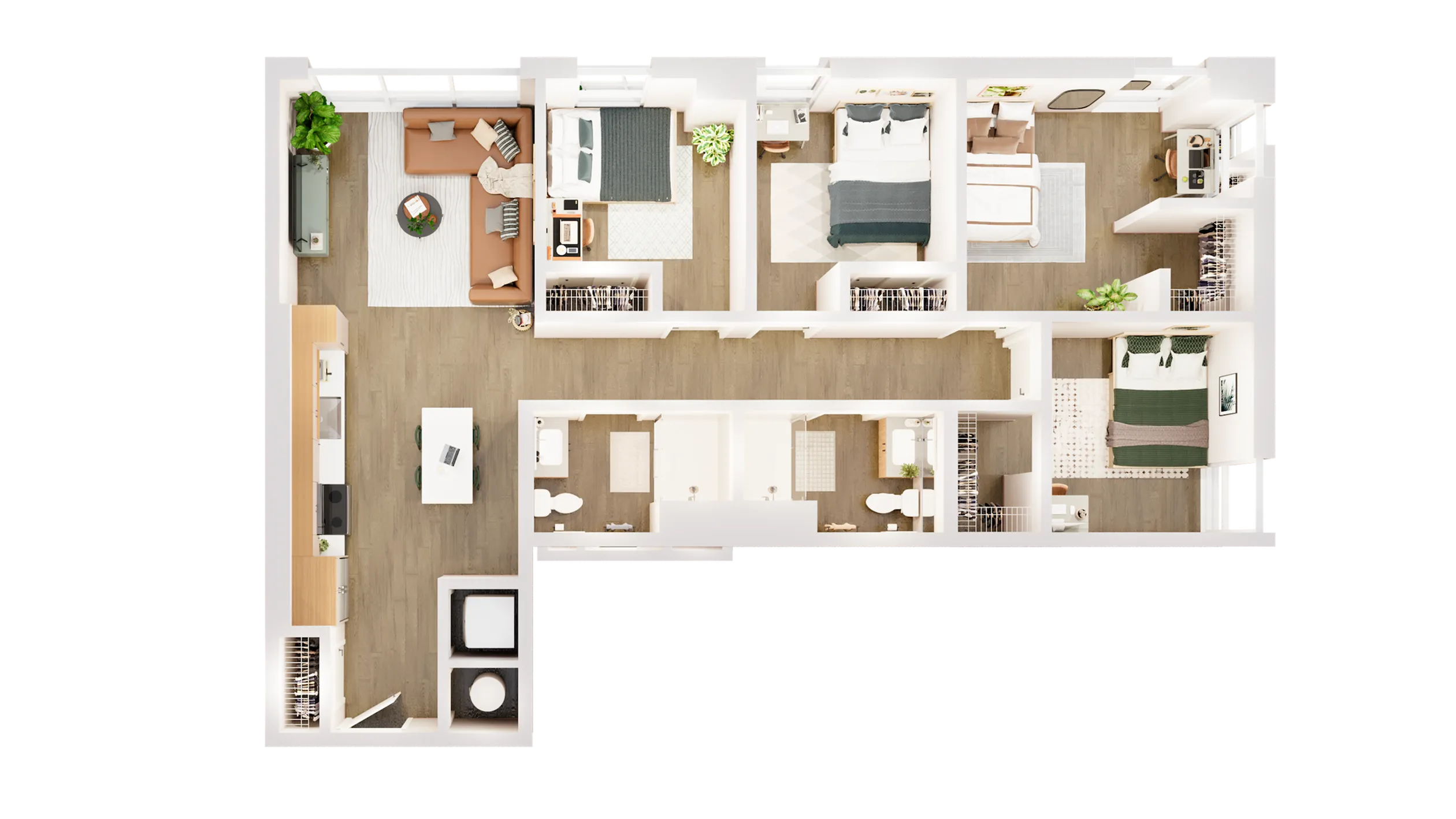 Modern 3D floor plan showcasing a spacious layout with three bedrooms, stylish living area, and sleek kitchen design.