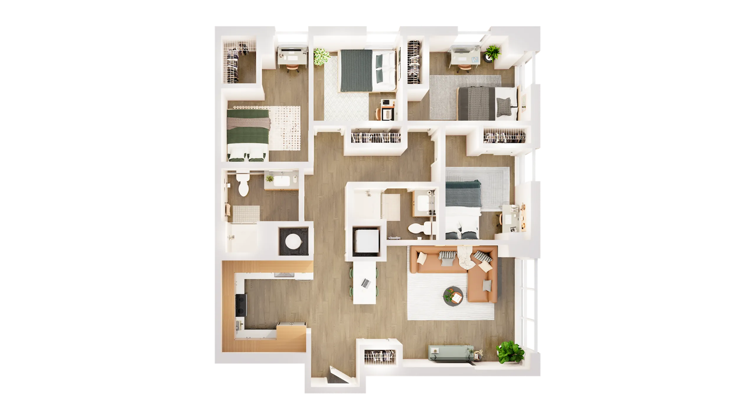 Spacious floor plan showcasing three cozy bedrooms, a chic open-plan living room, modern kitchen, and stylish bathrooms, perfect for comfortable urban living.