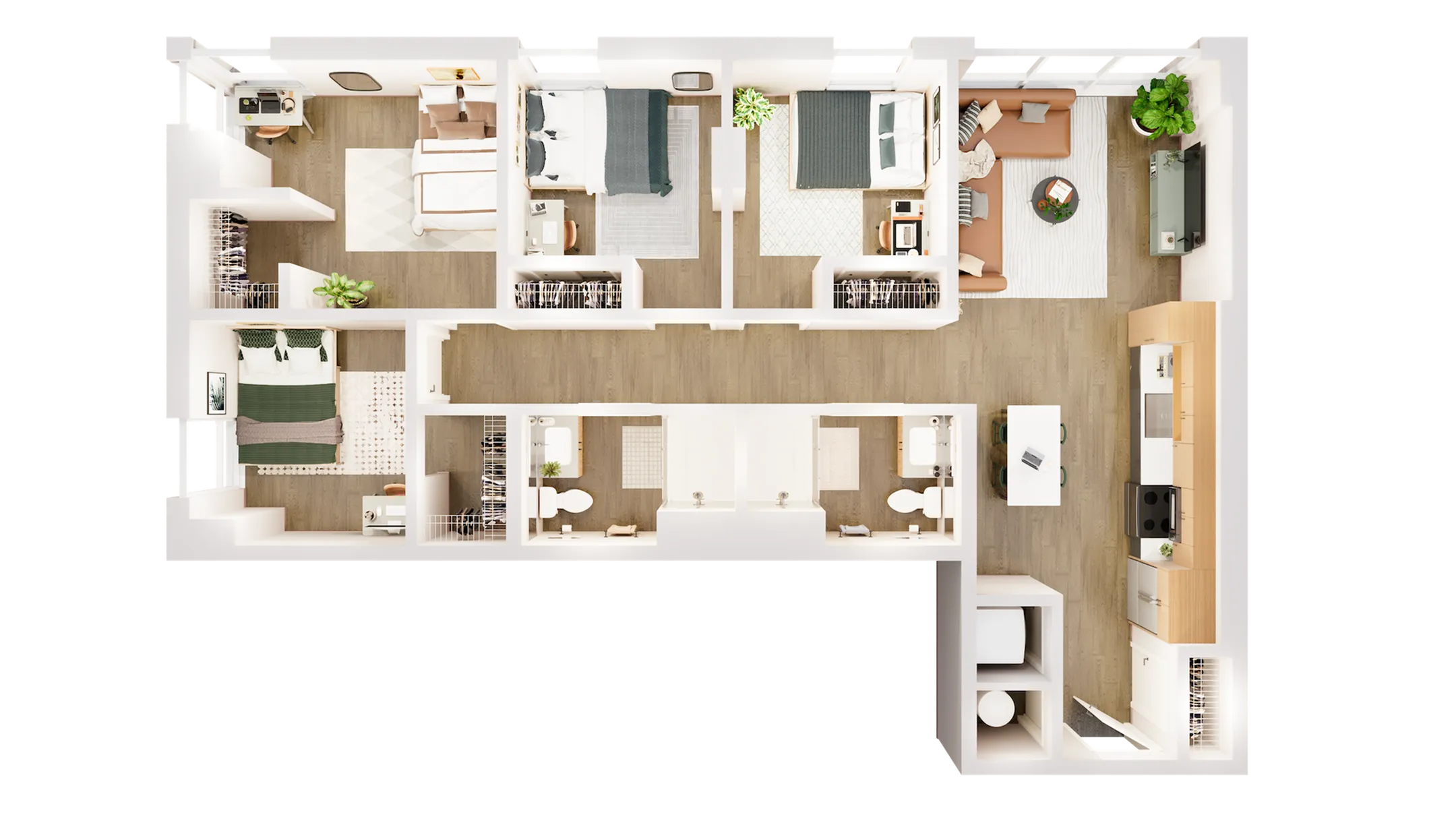 Contemporary 3-bedroom apartment floor plan featuring a spacious open-concept living room, elegant kitchen with sleek cabinetry, and two modern bathrooms.
