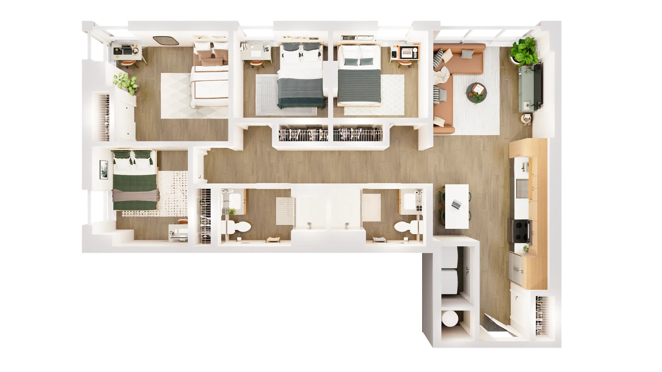 Modern and spacious 3-bedroom apartment floor plan featuring open-concept living area, elegant dining space, and two stylish bathrooms.