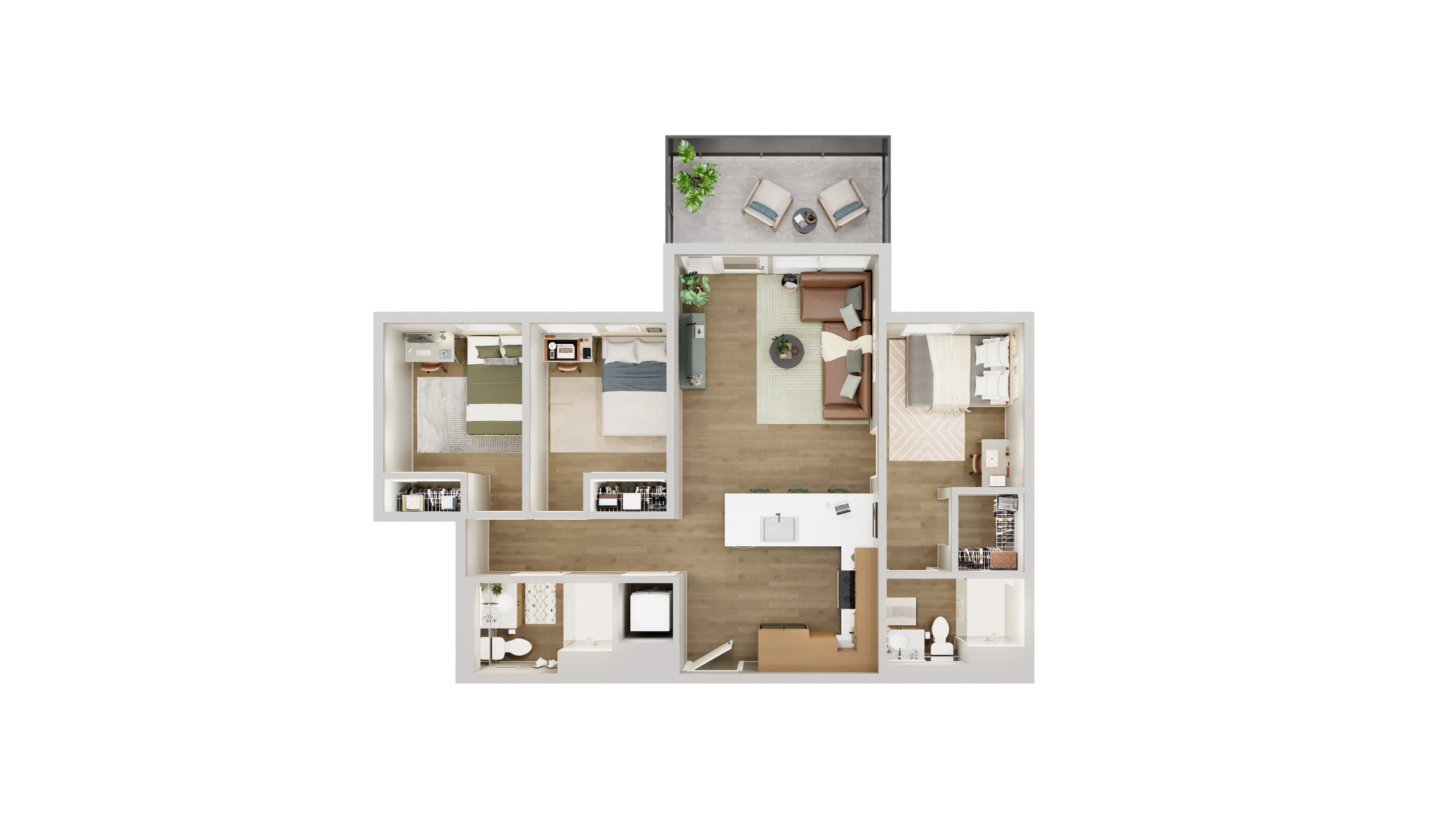 Bright and modern floor plan showcasing three bedrooms, an open living area, contemporary kitchen, and a cozy balcony.