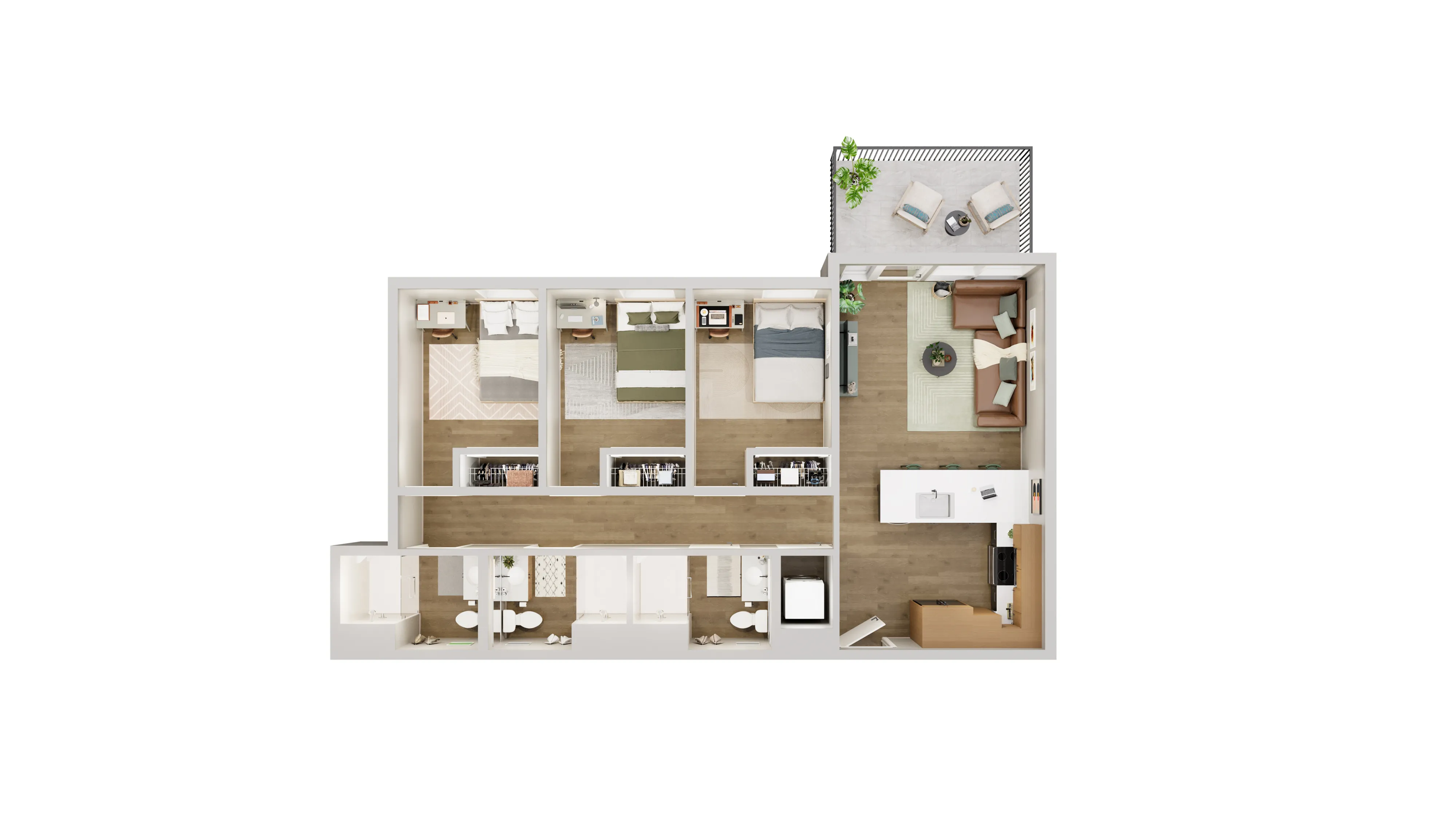 Modern 3D floor plan showcasing 3 cozy bedrooms, two sleek bathrooms, and an inviting open-concept living area with balcony access.