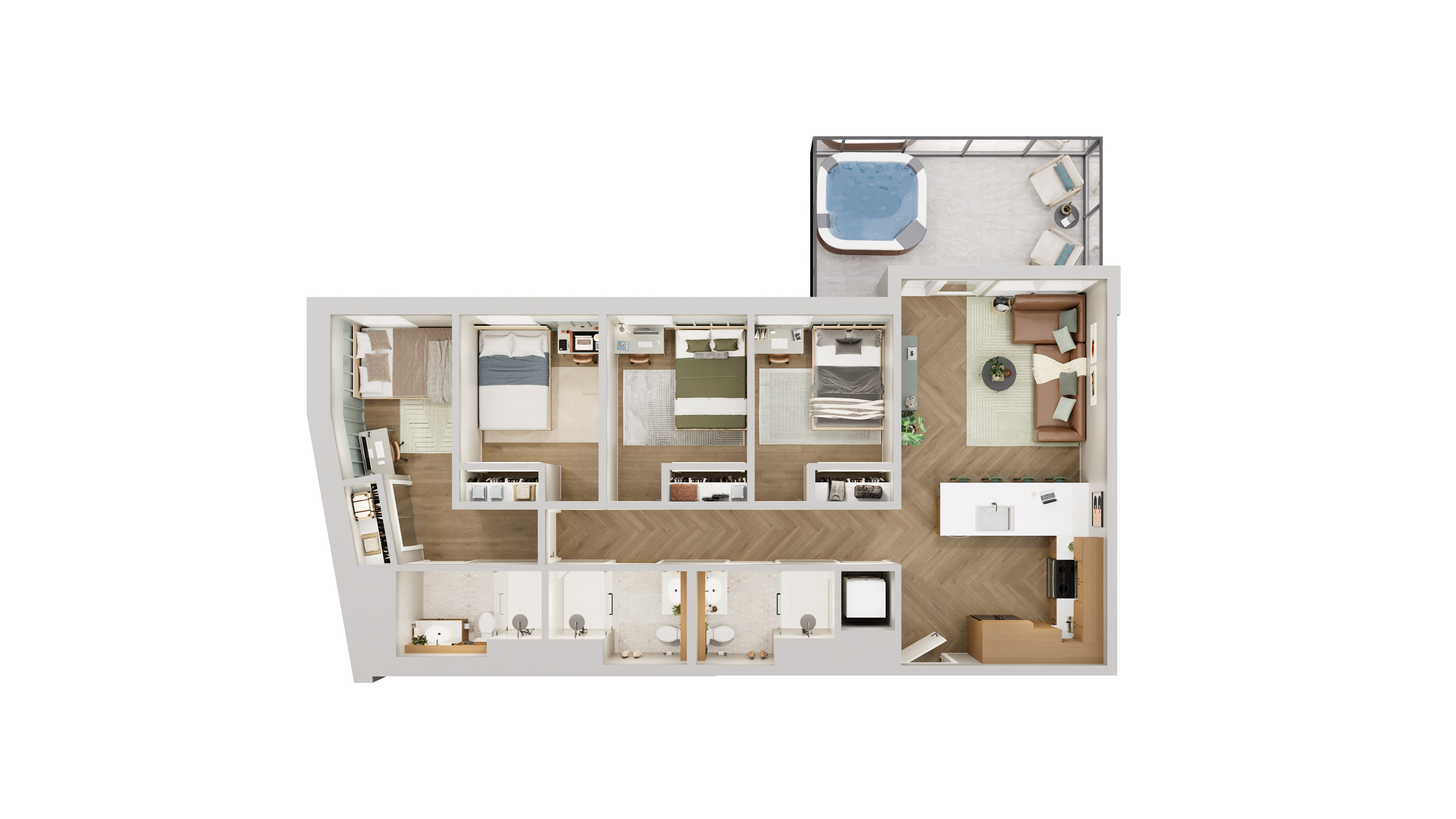 Modern 3D floor plan showcasing 3 cozy bedrooms, spacious living room, stylish kitchen, and luxury balcony with hot tub.