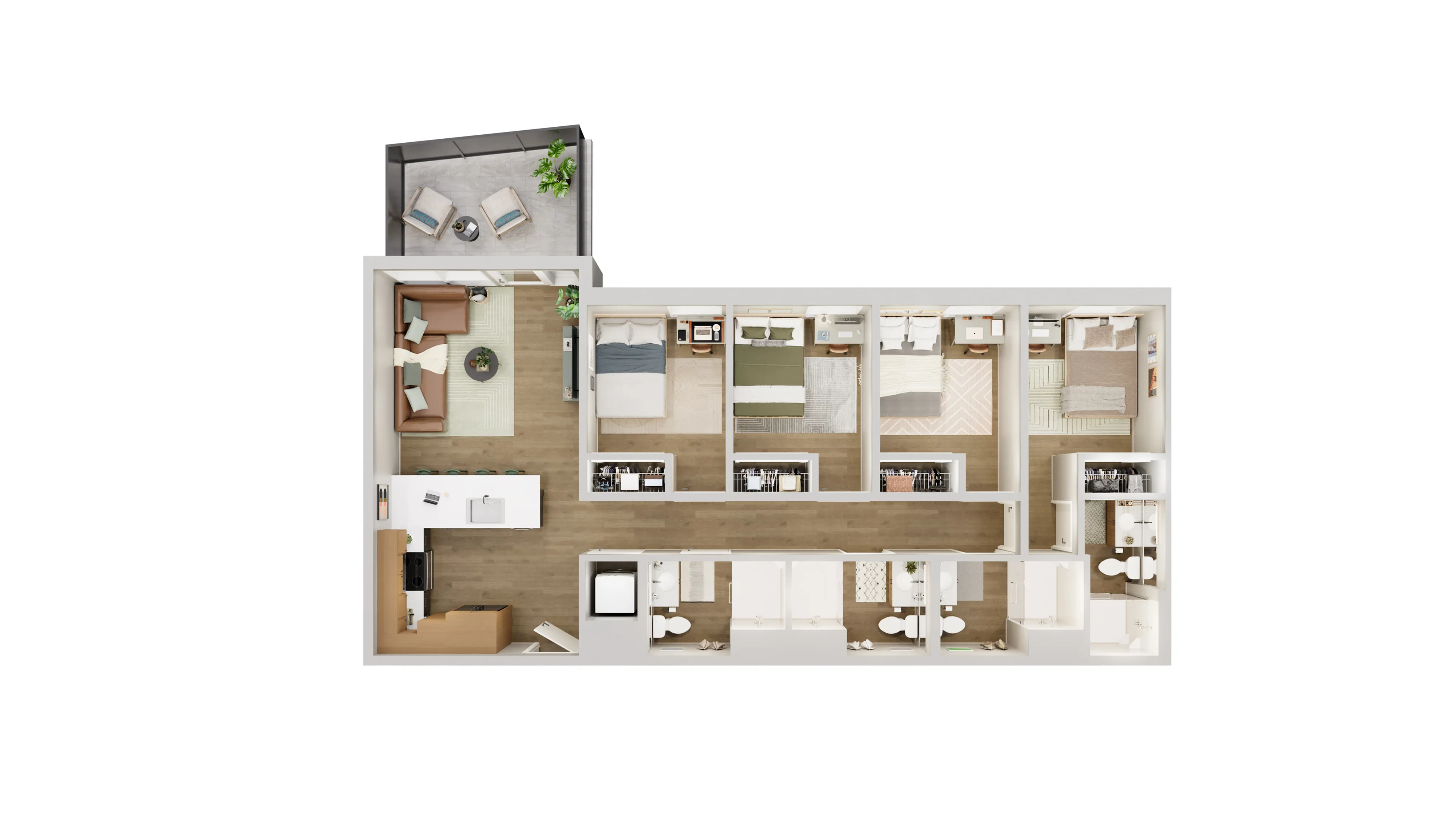Modern floor plan showcasing an elegant apartment with four bedrooms, open living area, and a cozy balcony retreat.