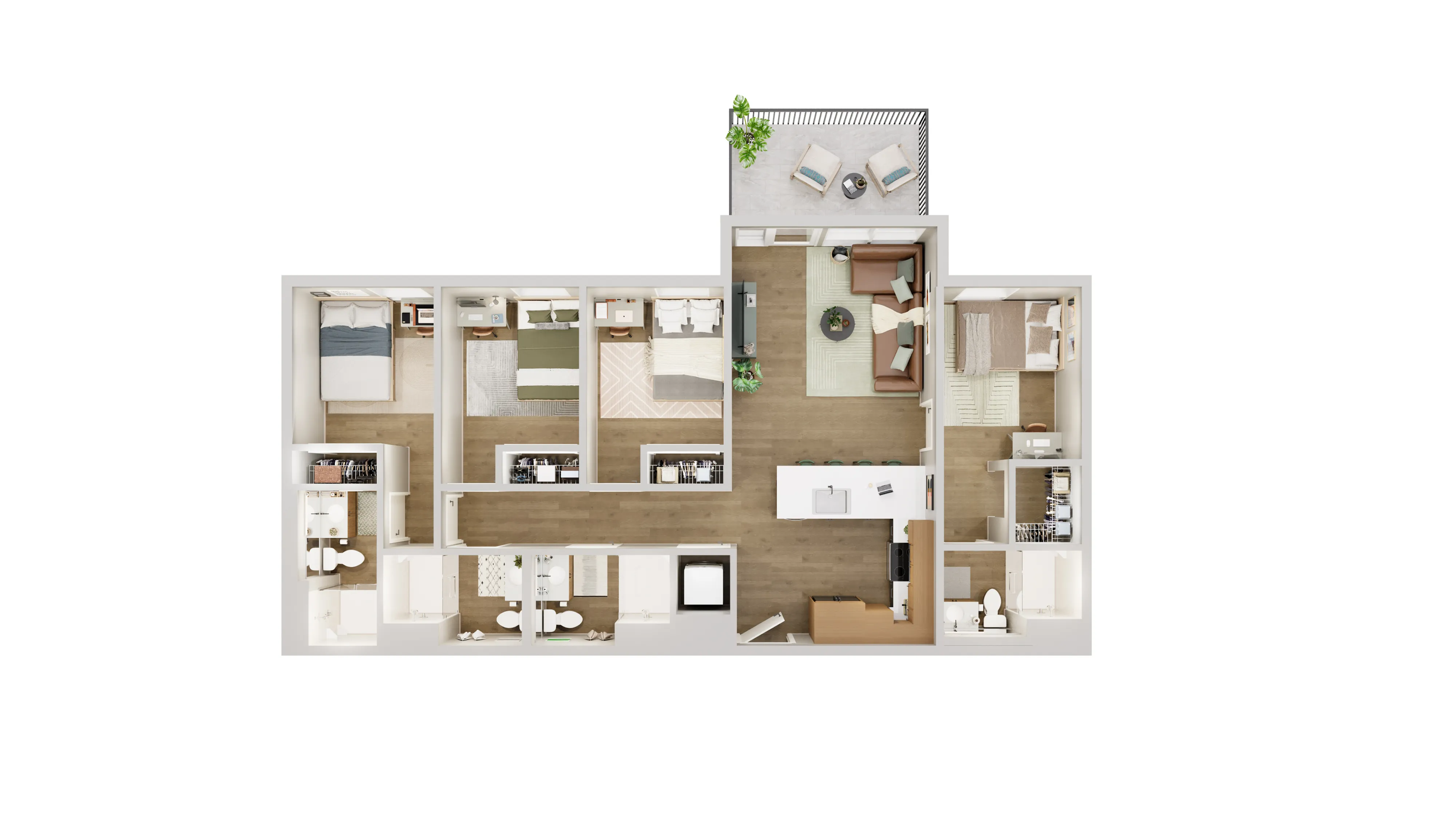 Modern 3D floor plan showcasing three spacious bedrooms, a cozy living room, and an elegant balcony. Bright and open layout with stylish kitchen and multiple bathrooms.